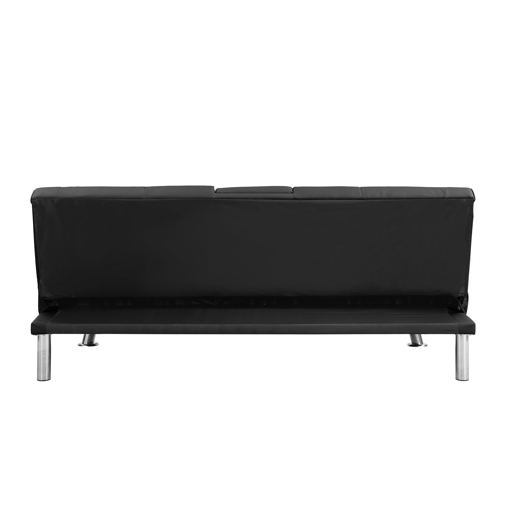 Sofa Bed with Armrest two holders WOOD FRAME, STAINLESS LEG, FUTON BLACK PVC