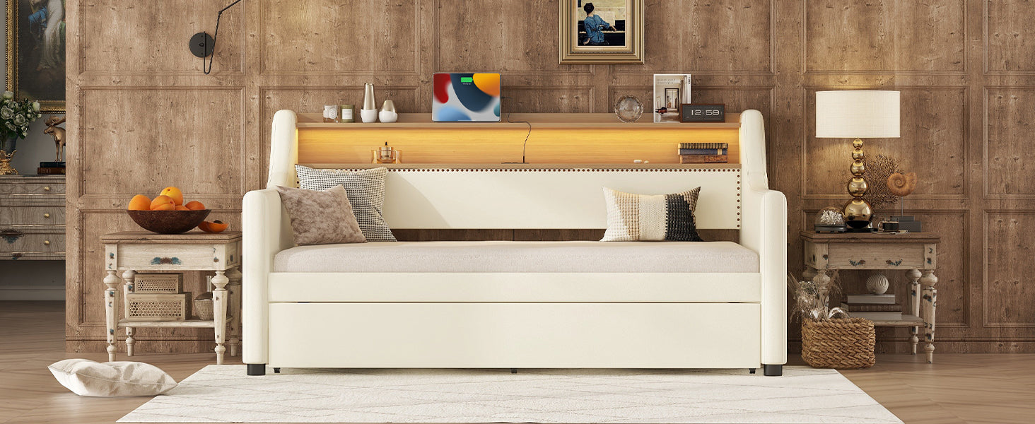 Twin Size Daybed with Trundle, Upholstered Daybed with Charging Station and LED Lights, White (Expect arrive date:May 20th. )