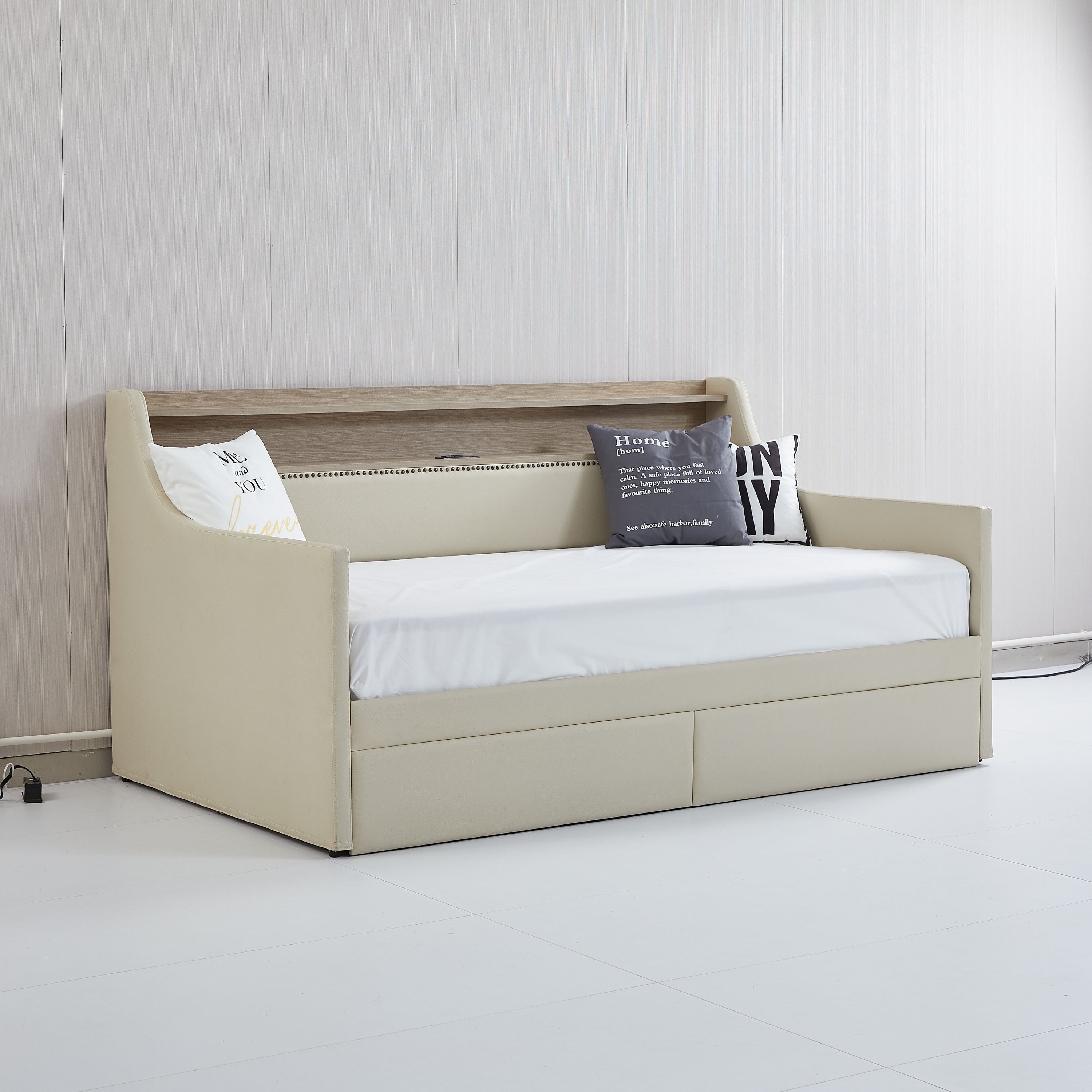 Twin Size Daybed with Storage Drawers, Upholstered Daybed with Charging Station and LED Lights, Beige (Old Item W1580S00022)