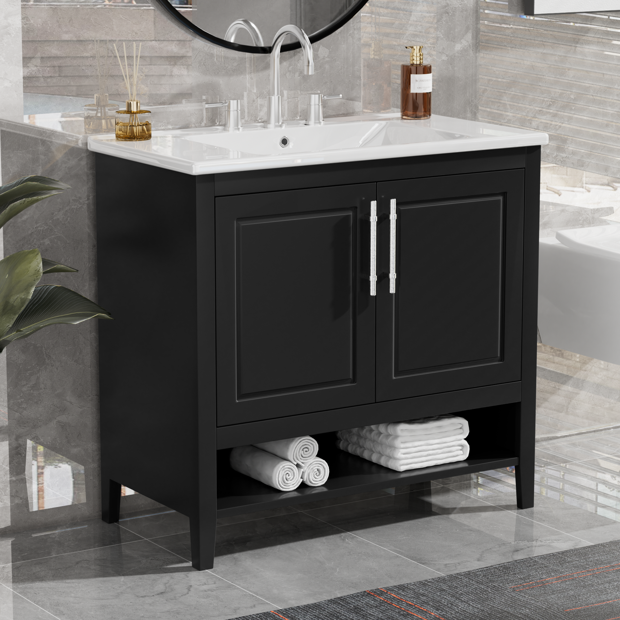 36" Bathroom Vanity with Sink, Multi-functional Bathroom Cabinet with Doors and Drawers, MDF Frame and MDF Board, Black