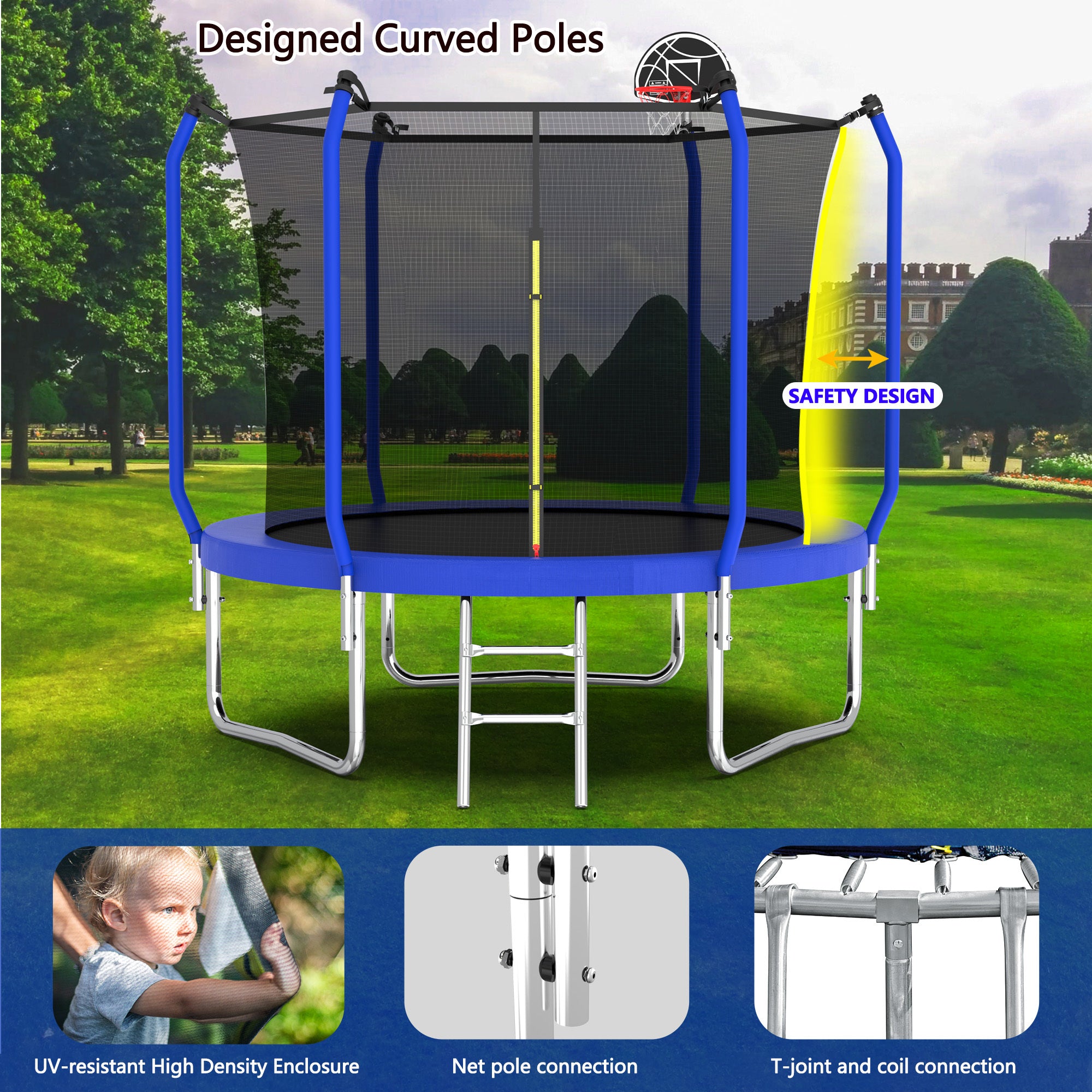 8FT Trampoline with Basketball Hoop,  ASTM Approved Reinforced Type Outdoor Trampoline with Enclosure Net