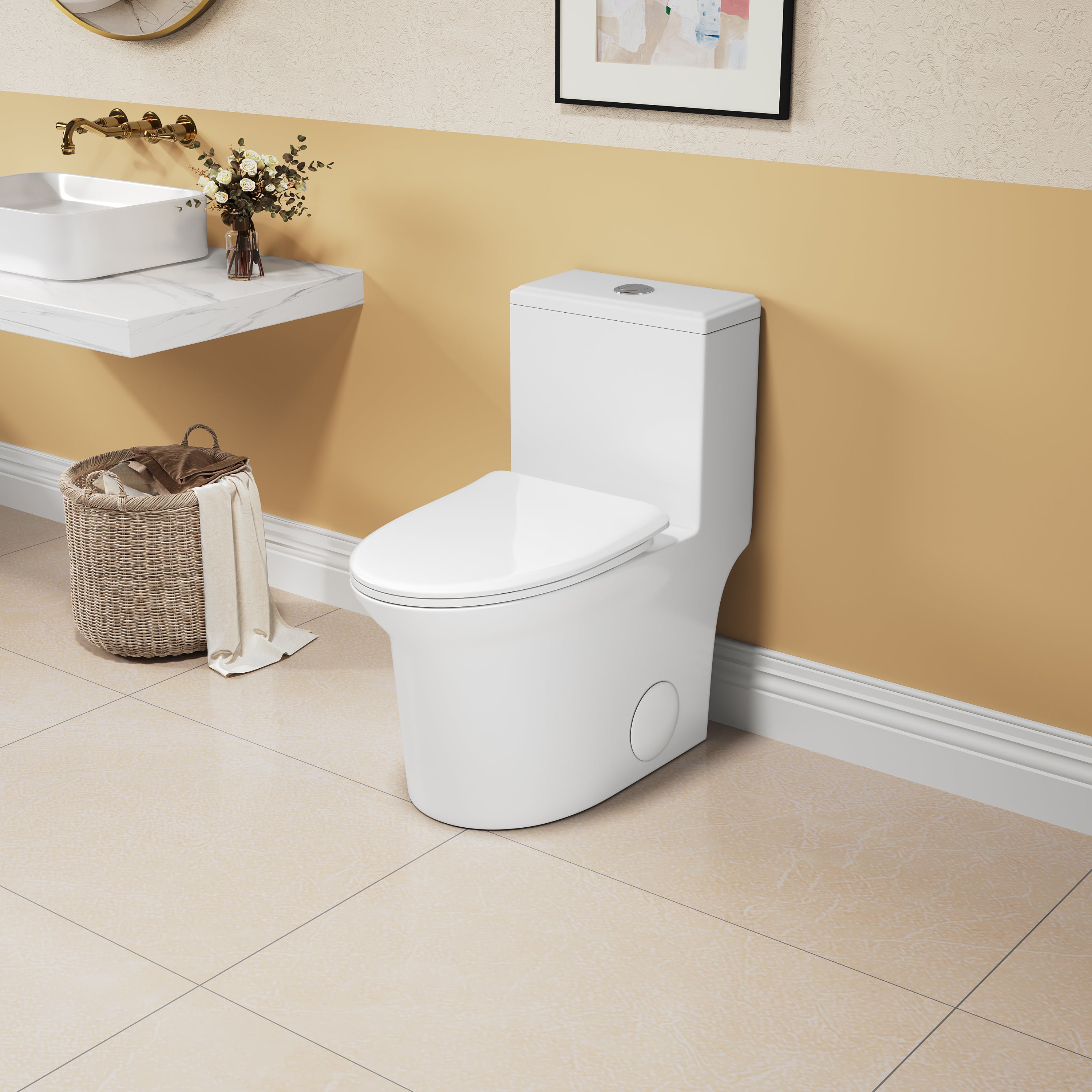 1.1/1.6 GPF Elongated Comfort Height Super Quite Flushing Floor Mounted One-Piece Toilet, CUPC Certified, WaterSense Cetified, Ceramic, White Color, Soft Close Seat