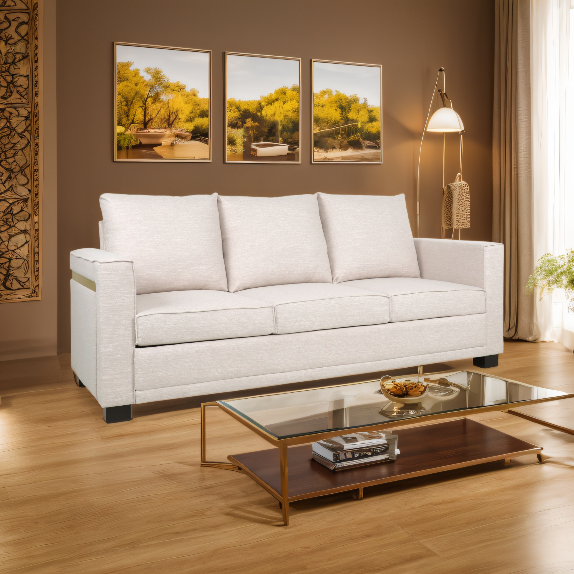 Contemporary Light Beige Fabric 3-Seater Sofa with Square Arms – Comfortable, Stylish, and Cozy, Perfect for Family Seating and Relaxing Evenings, Modern Design and High-Quality Upholstery