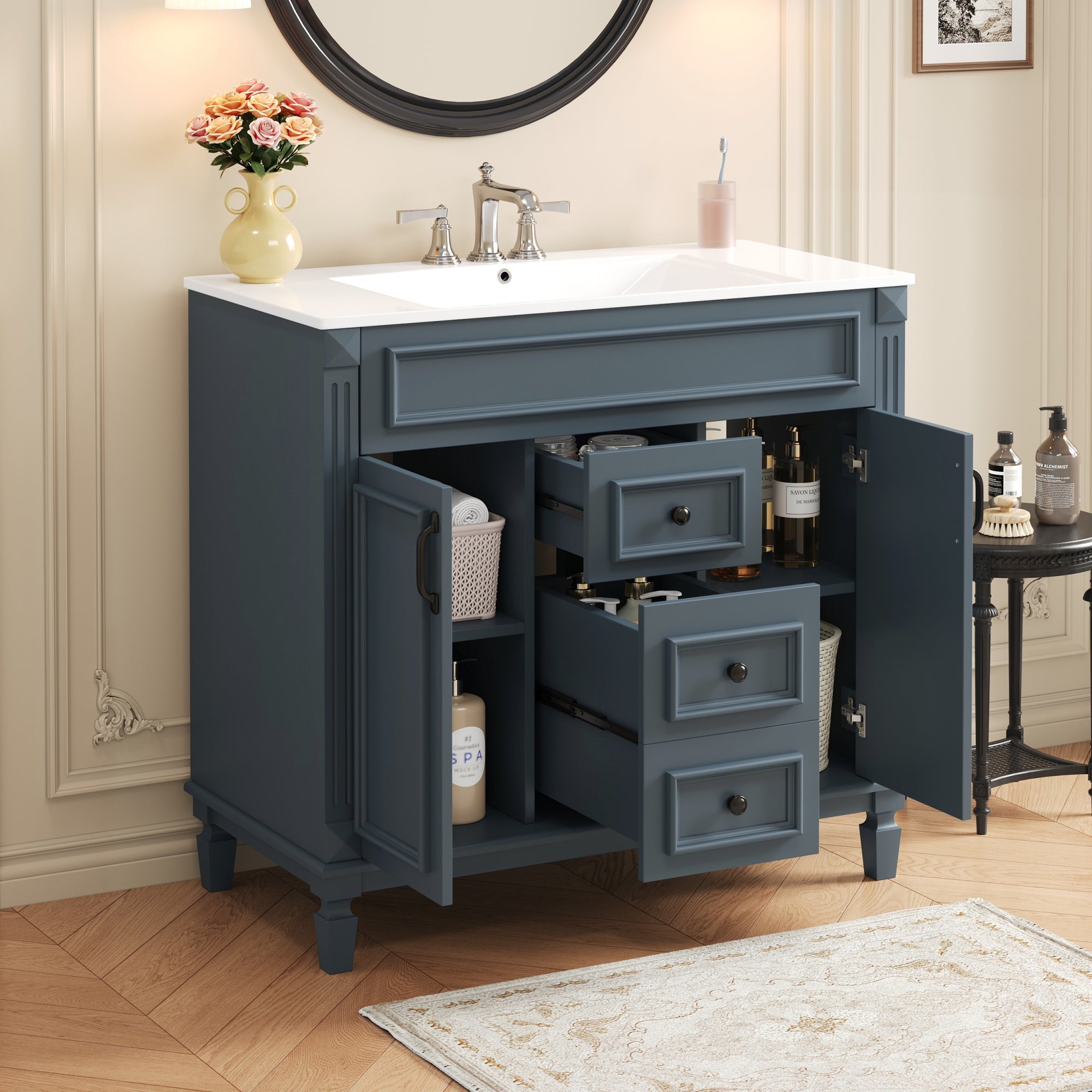 Modern single-sink bathroom vanity, angled view showing cabinet doors