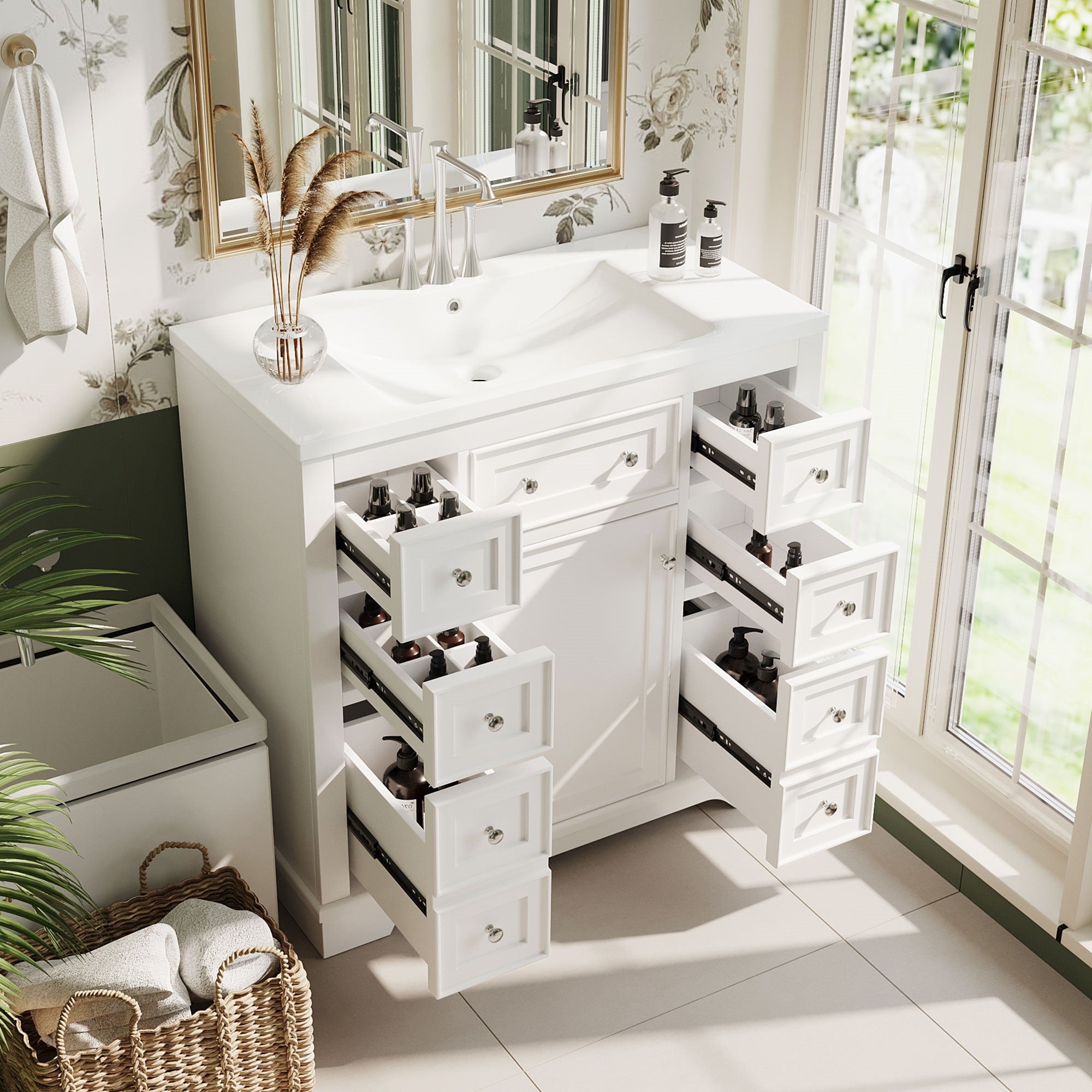 36" Bathroom Vanity with Sink Combo, One Cabinet and Six Drawers, Solid Wood and MDF Board, White