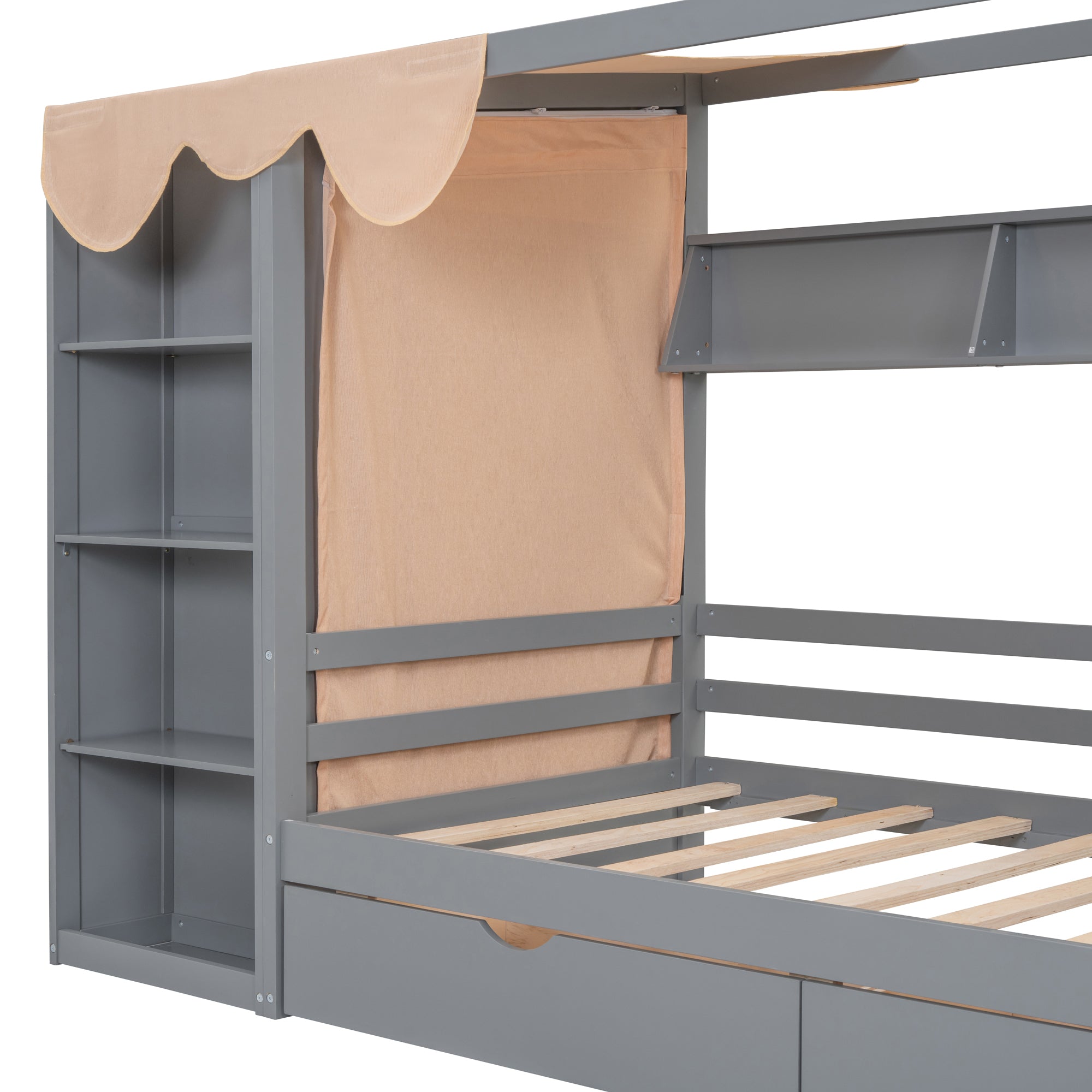 Twin size House Bed with Two Drawers and Wardrobe,Gray