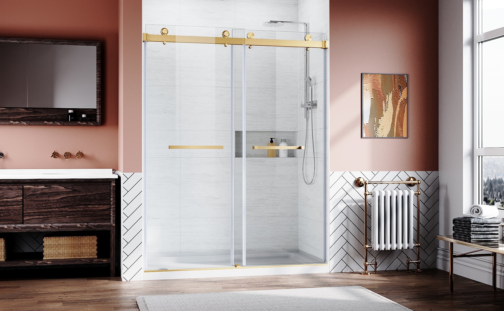 Frameless Sliding Shower Glass Door 56-60"W x 76"H,3/8"(10mm) Thick Clear Tempered Glass,Heavy Duty Stainless Steel Hardwares,Brushed Gold