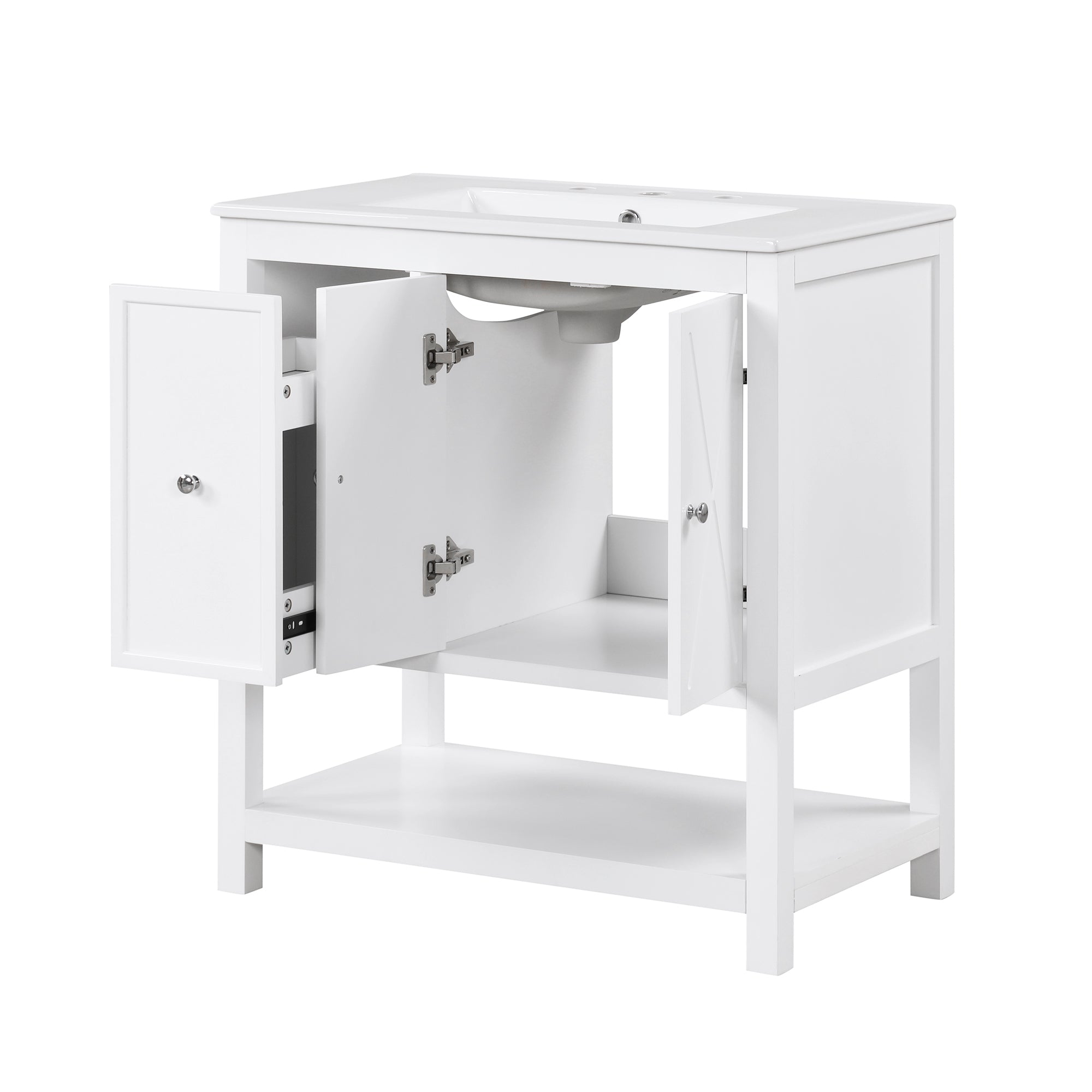 30" Bathroom Vanity with Sink Top, Bathroom Vanity Cabinet with Two Doors and One Drawer, MDF Boards, Solid Wood, One Package, White