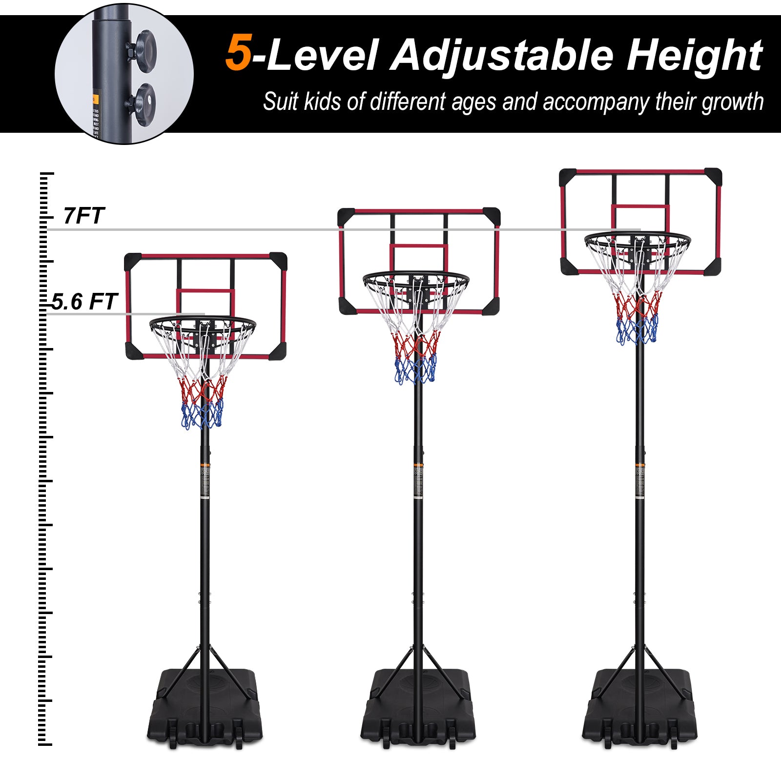 Portable Basketball Goal System with Stable Base and Wheels, use for Indoor Outdoor teenagers youth height adjustable 5.6 to 7ft Basketball Hoop 28 Inch Backboard