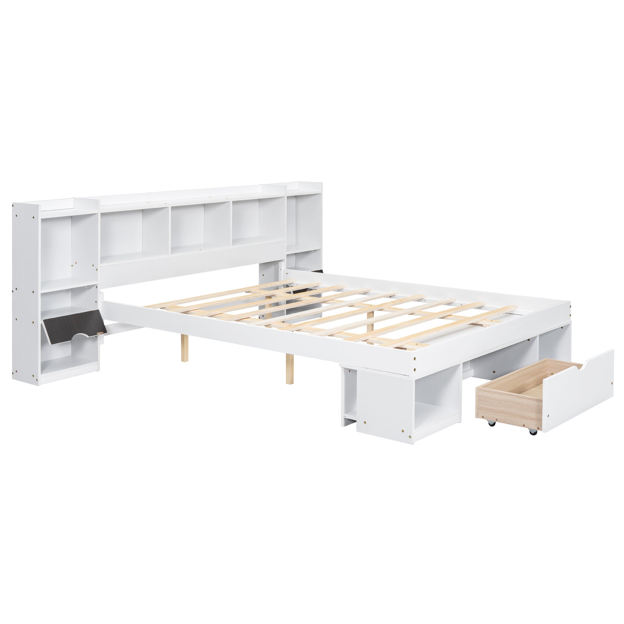 Queen Size Wood Platform Bed with Multi-storage Headboard and a Drawer, White