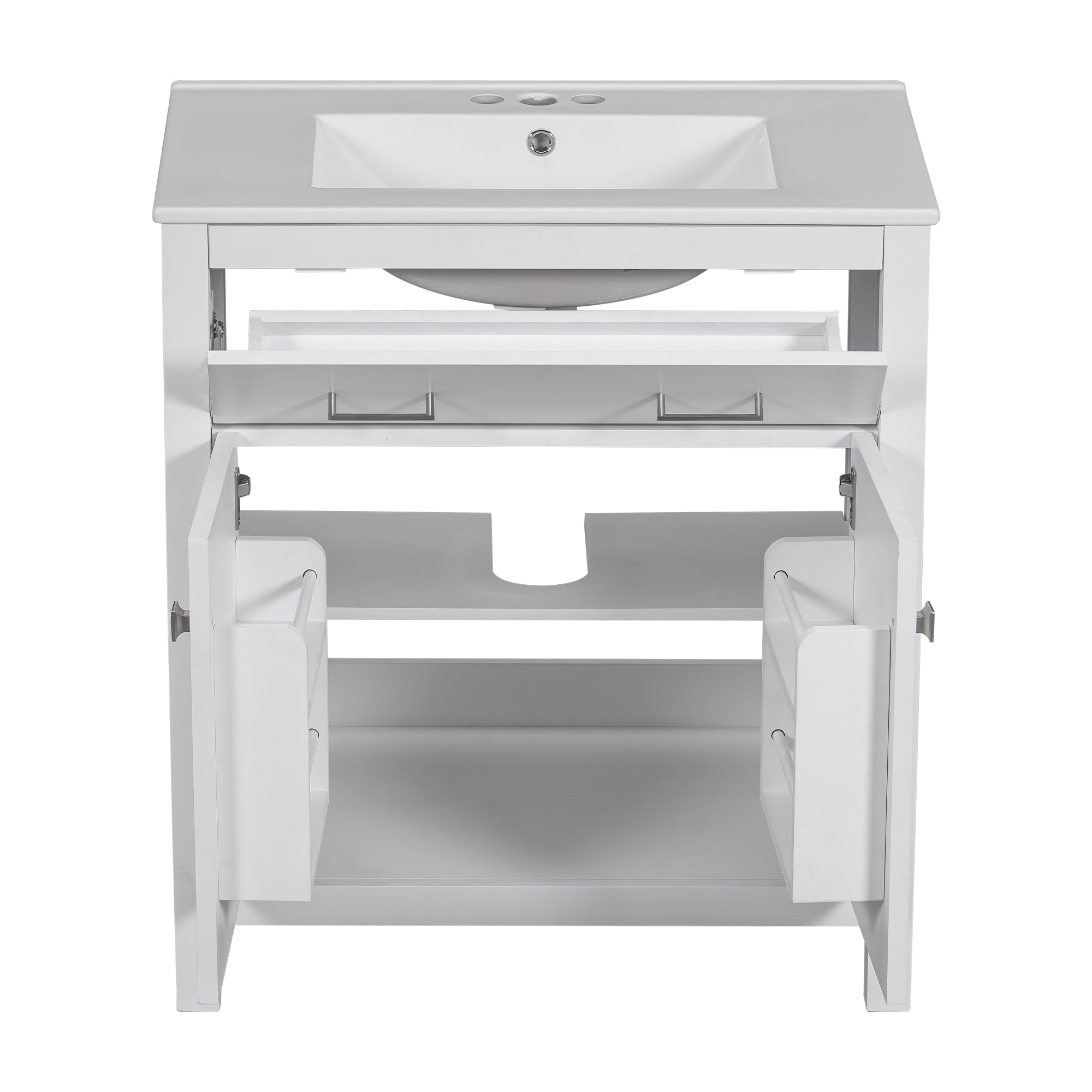 30-inch Bathroom Vanity with Ceramic Sink, Modern White Single Bathroom Cabinet with 2 Doors and a Shelf, Soft Close Doors