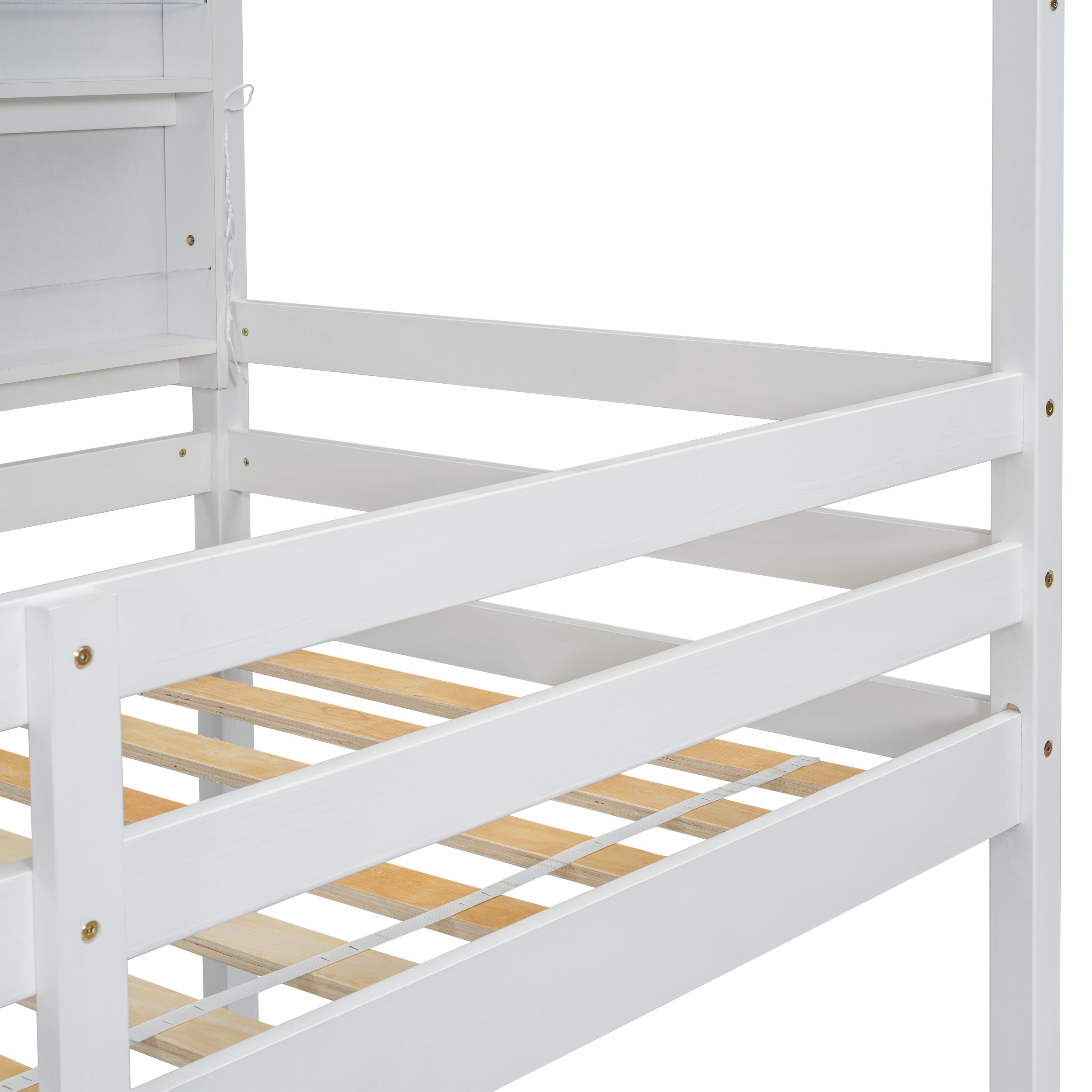 Twin Over Twin Low Bunk Bed with House Semi-enclosed Roof,Guardrails, Bedside Shelves and Ladder, White