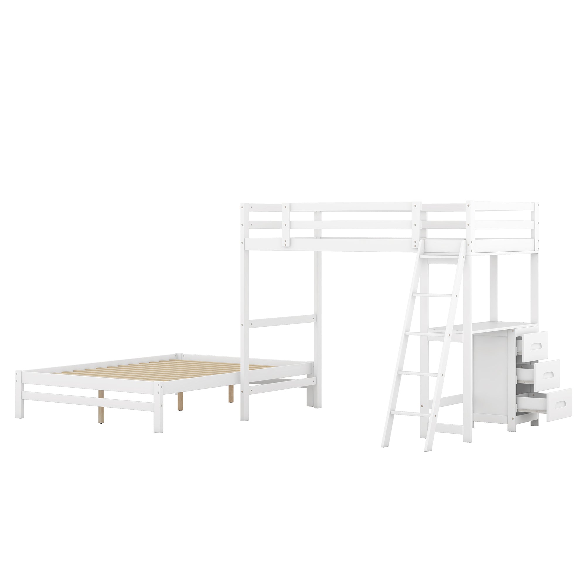 Twin over Full Bunk Bed with Built-in Desk and Three Drawers,White