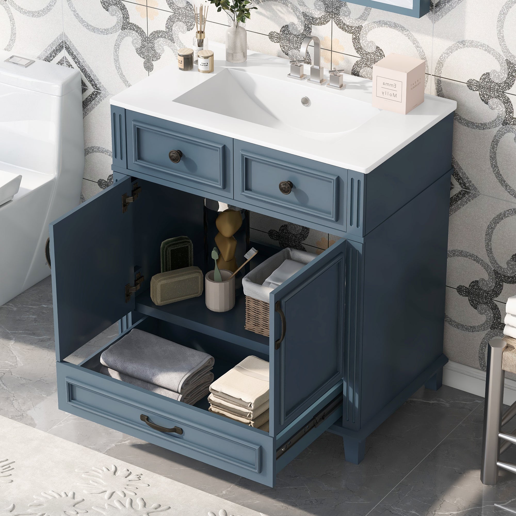 Blue solid wood bathroom vanity with ceramic sink, angled view