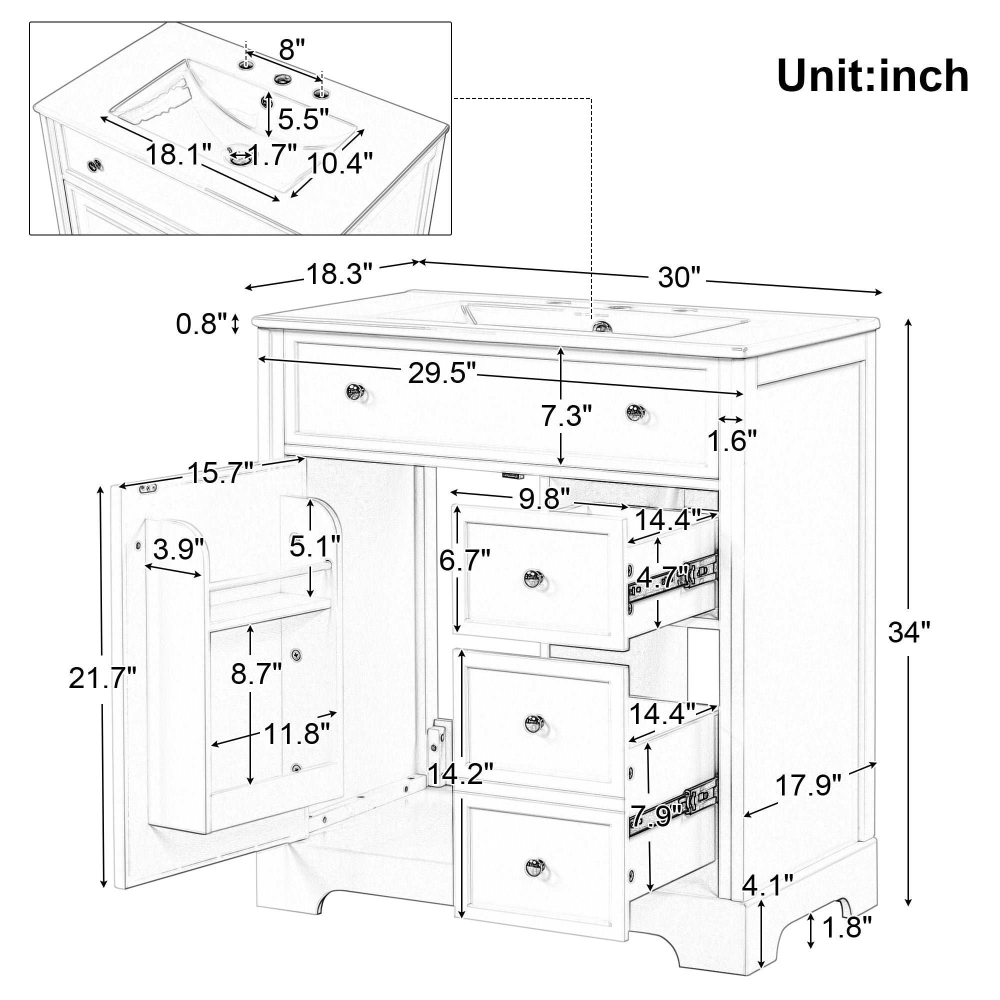 30" Bathroom Vanity with Sink Top, Bathroom Vanity Cabinet with Door and Two Drawers, MDF Boards, Solid Wood, One Package, White