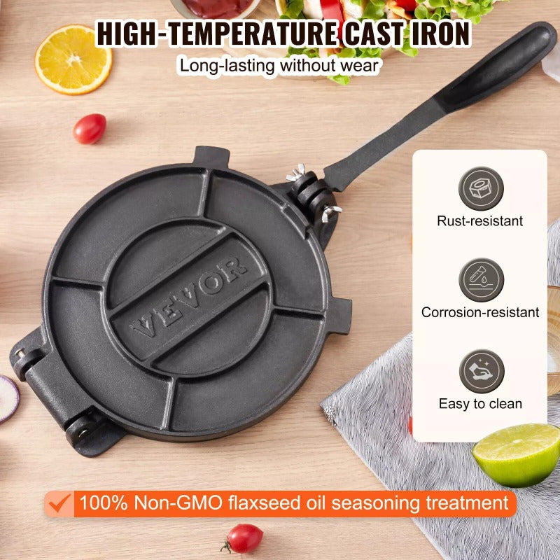 VEVOR Tortilla Press 10 Inch Cast Iron Heavy Duty Chapati Roti Corn Tacos Maker