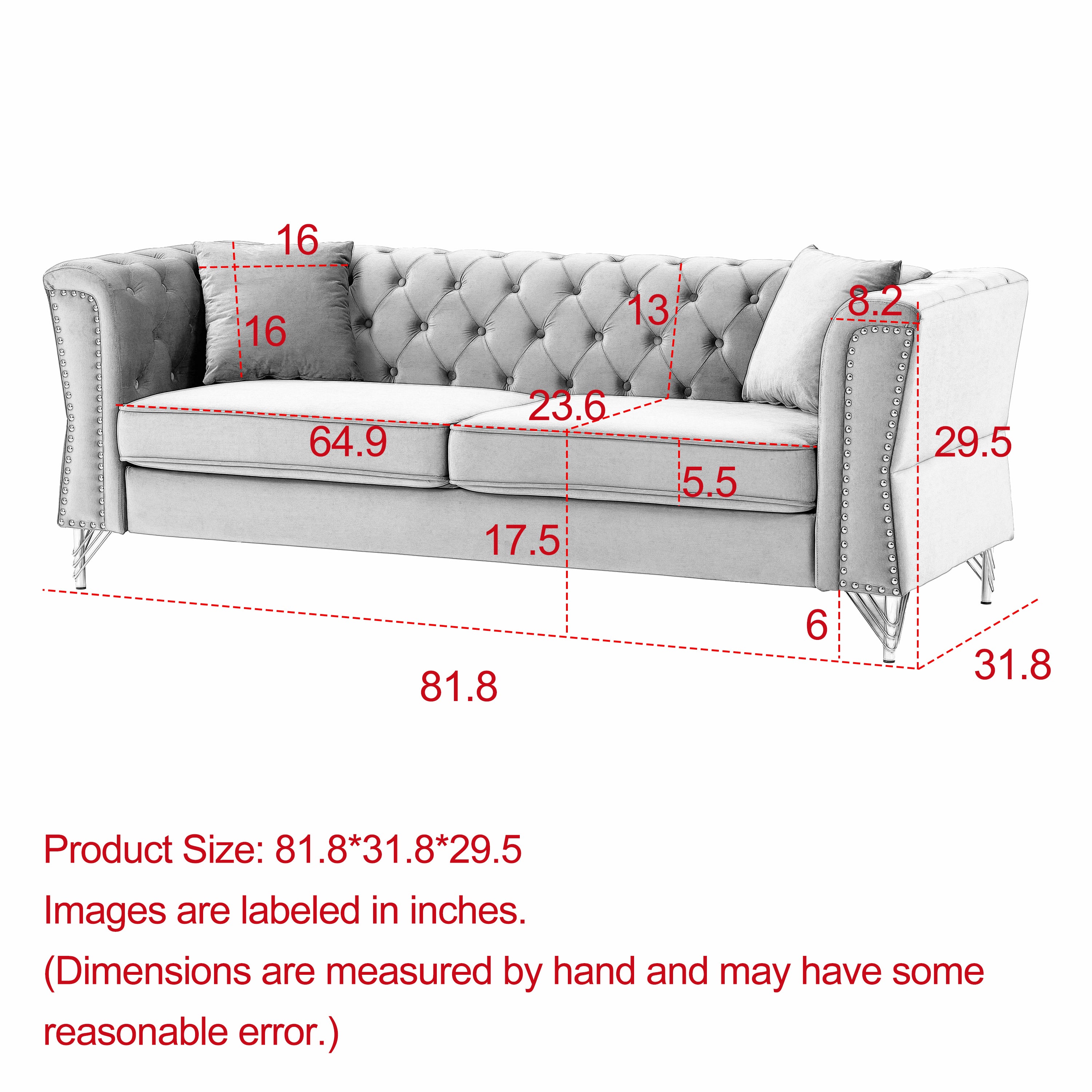 81.8" Chesterfield Sofa Grey Velvet for Living Room, 3 Seater Sofa Tufted Couch with metal foot and Nailhead for Living Room, Bedroom, Office, Apartment, two pillows