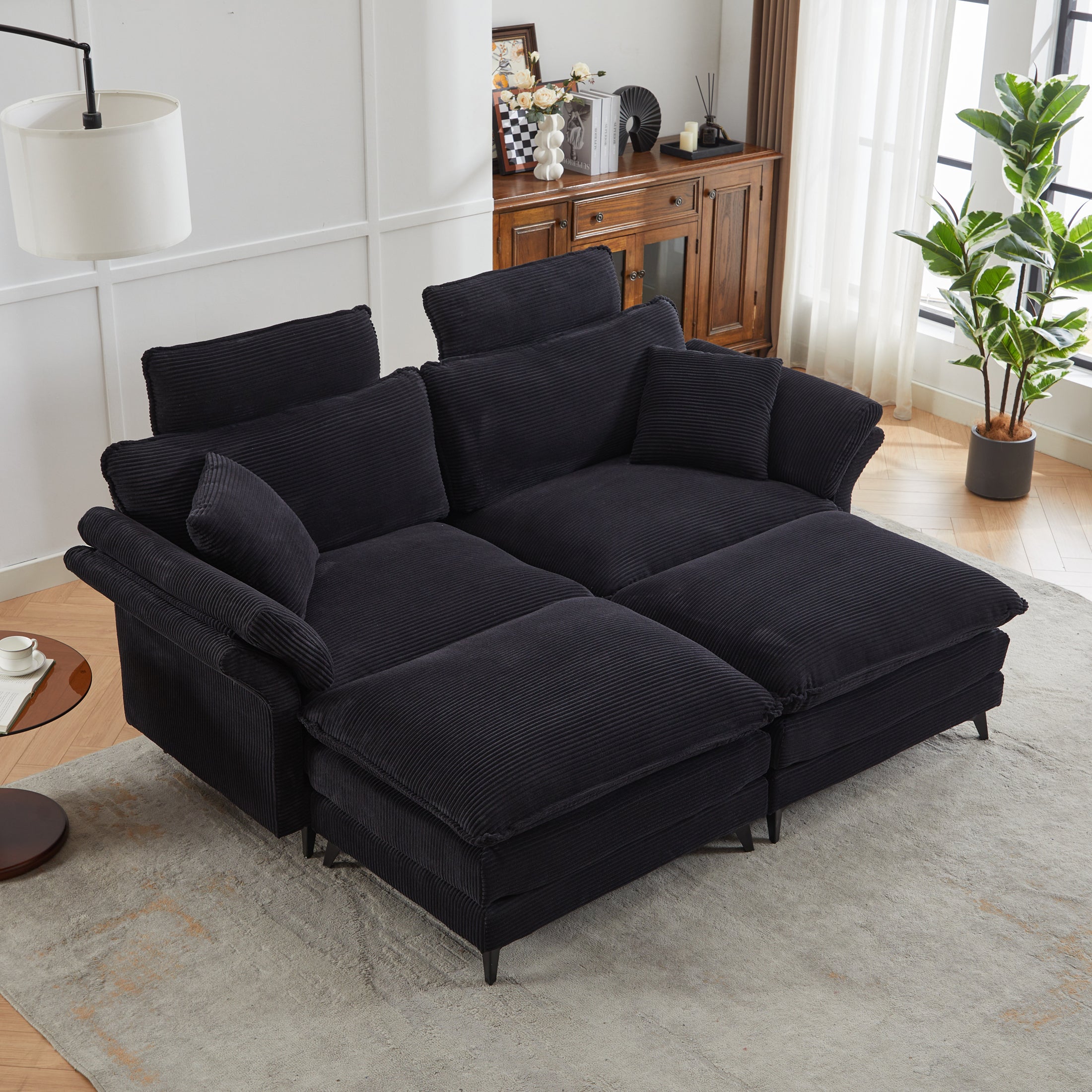 [New] Deep Seat Sectional Sofa, Comfortable Cloud Sofa with Ottomans, loveseat or 4-seater Sofa, 85.8''Modern Corduroy Upholstered Sectional Sofa for Living Room, Apartment, Studio, Office (Black).