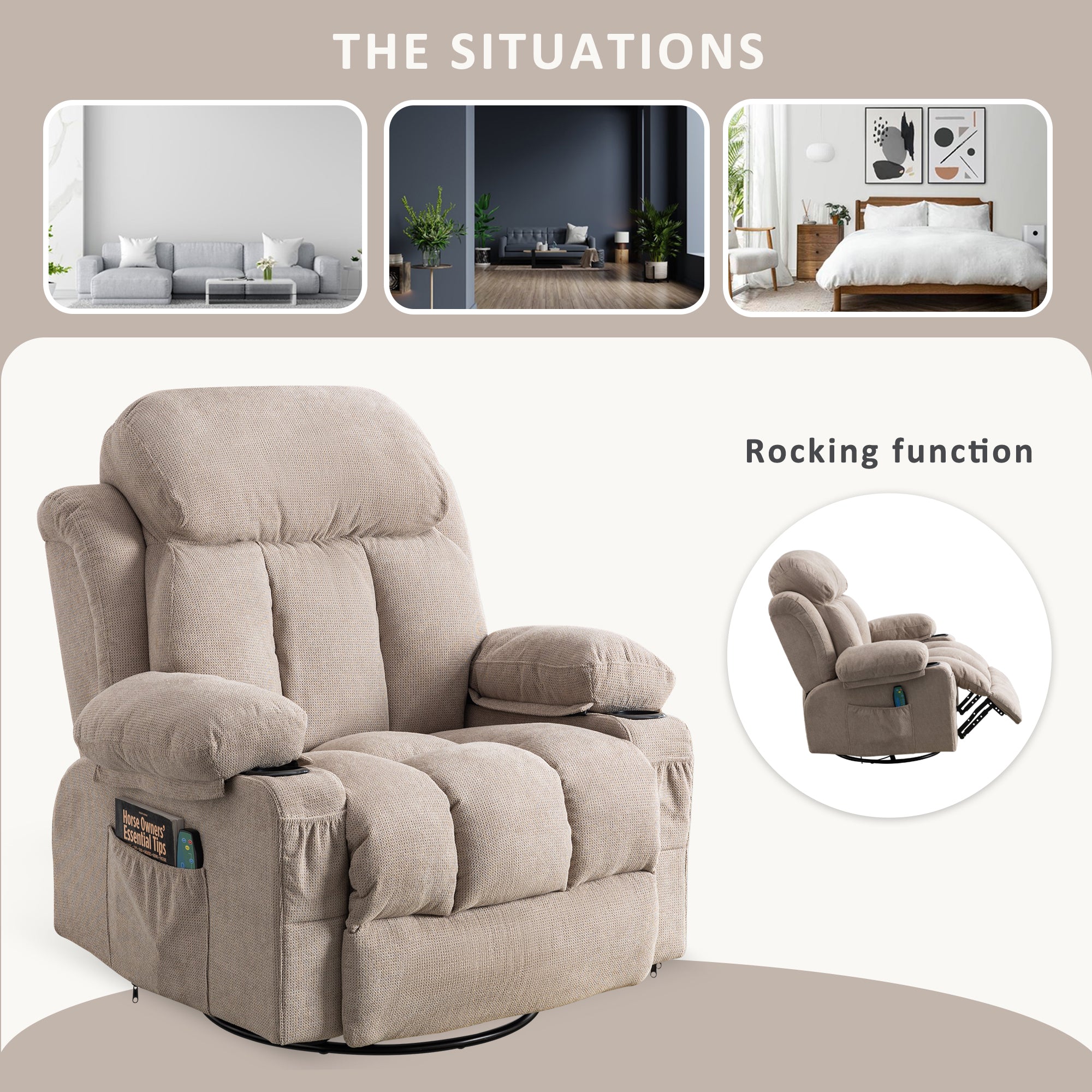 Vanbow.Swinging recliner massage heated sofa, with USB and 2 cup holders in side pockets, PackageA and B (Beige  fabric)