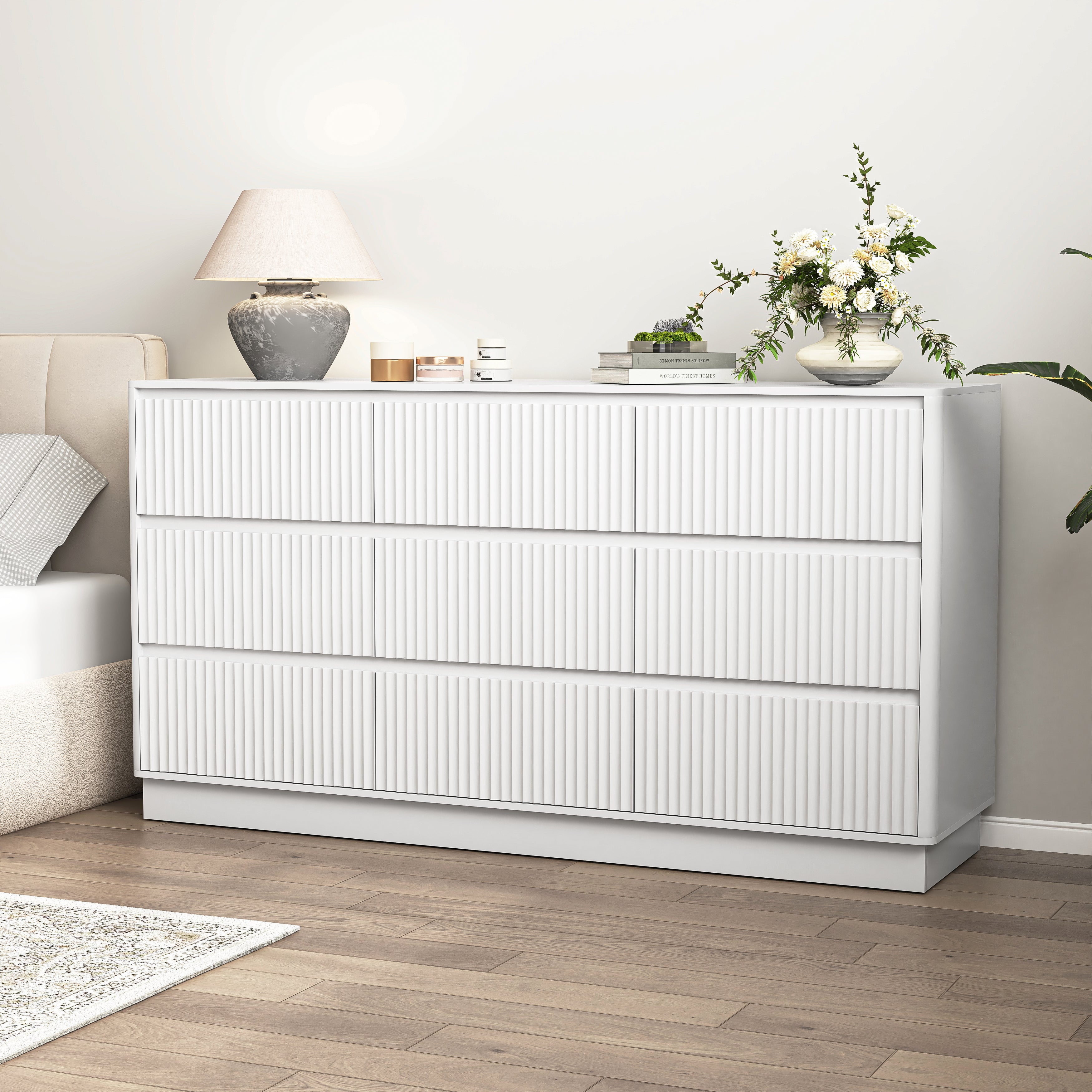 Mid-century white dresser used as long TV stand, styled view