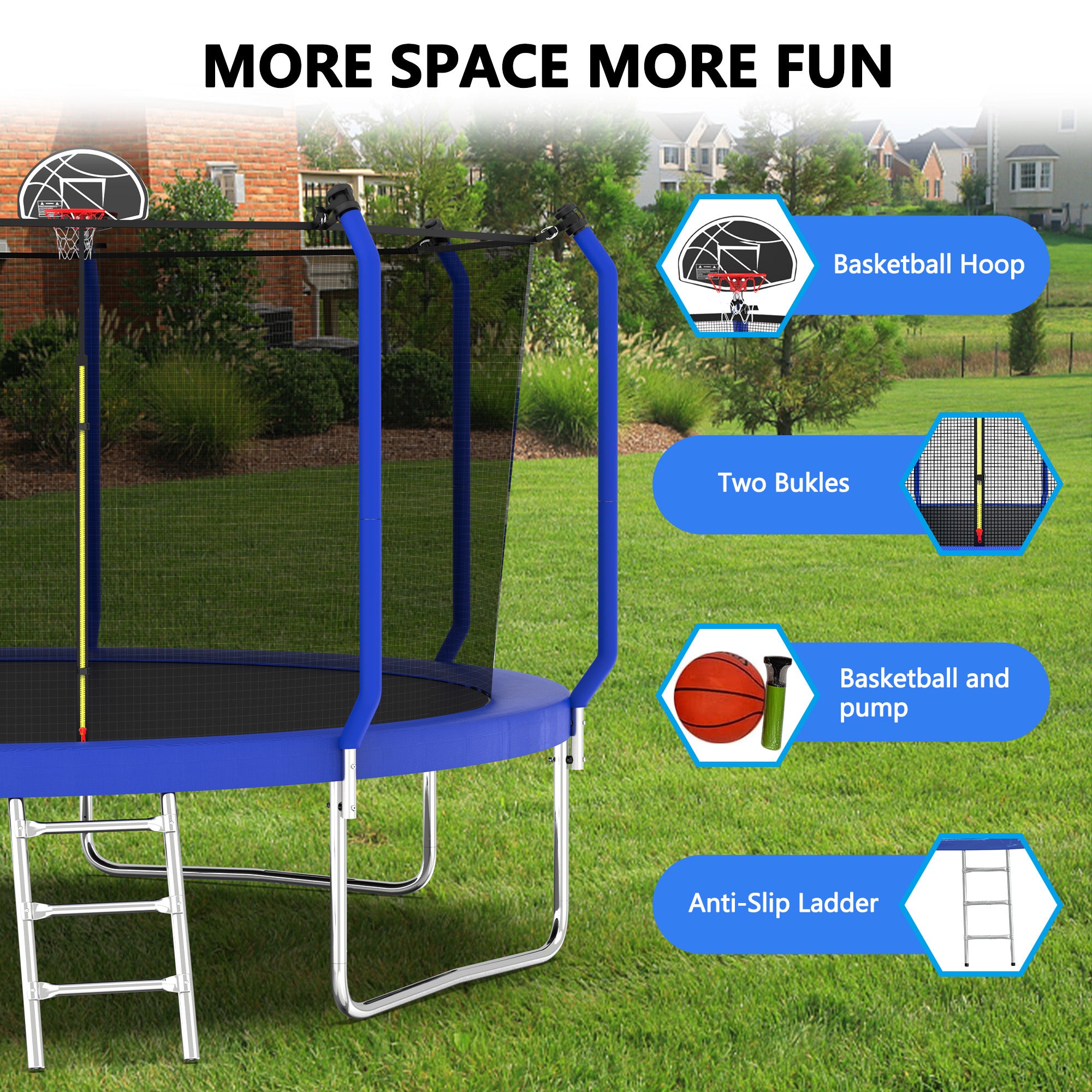 14FT Trampoline with Basketball Hoop, ASTM Approved Reinforced Type Outdoor Trampoline with Enclosure Net