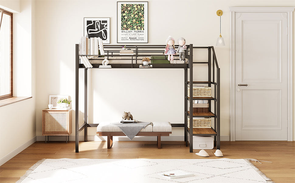 Twin Size Metal Loft Bed with Upper Grid Storage Shelf and Lateral Storage Ladder, Black