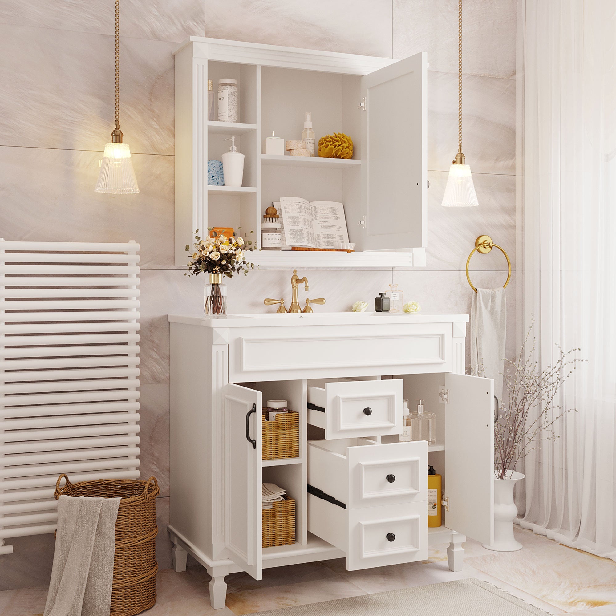 36'' Bathroom Vanity with Top Sink, White Mirror Cabinet, Modern Bathroom Storage Cabinet with 2 Soft Closing Doors and 2 Drawers, Single Sink Bathroom Vanity