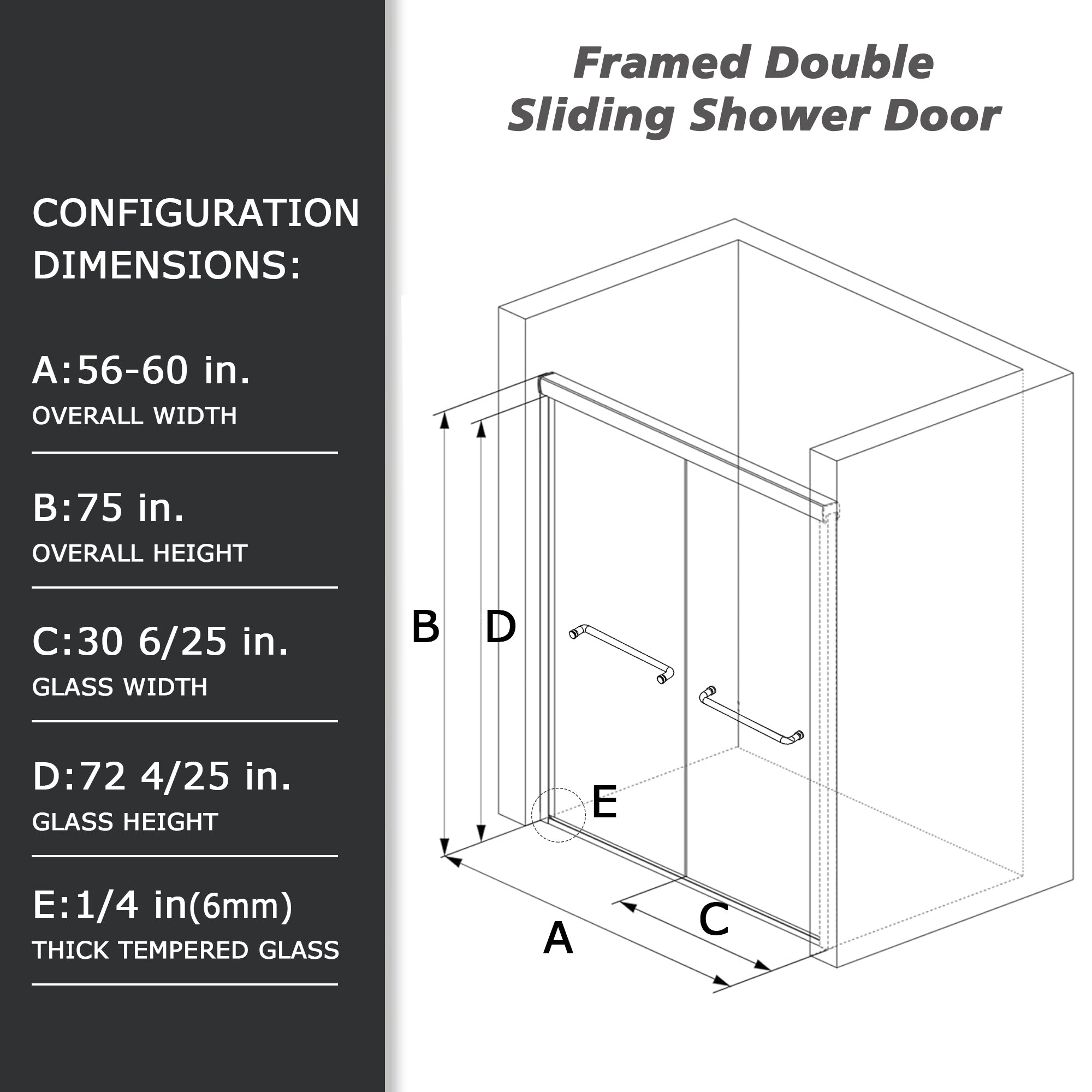 Framed Sliding Shower Door 56"-60"W x 75"H, Bypass Double Sliding Glass Door with 1/4"(6mm) Clear Glass, Chrome Finish