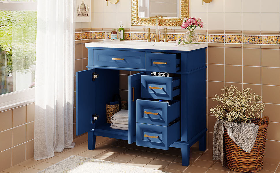 36-inch Bathroom Vanity with Resin Sink, Modern Bathroom Cabinet in Blue, Featuring Two Soft Close Doors and Four Drawers