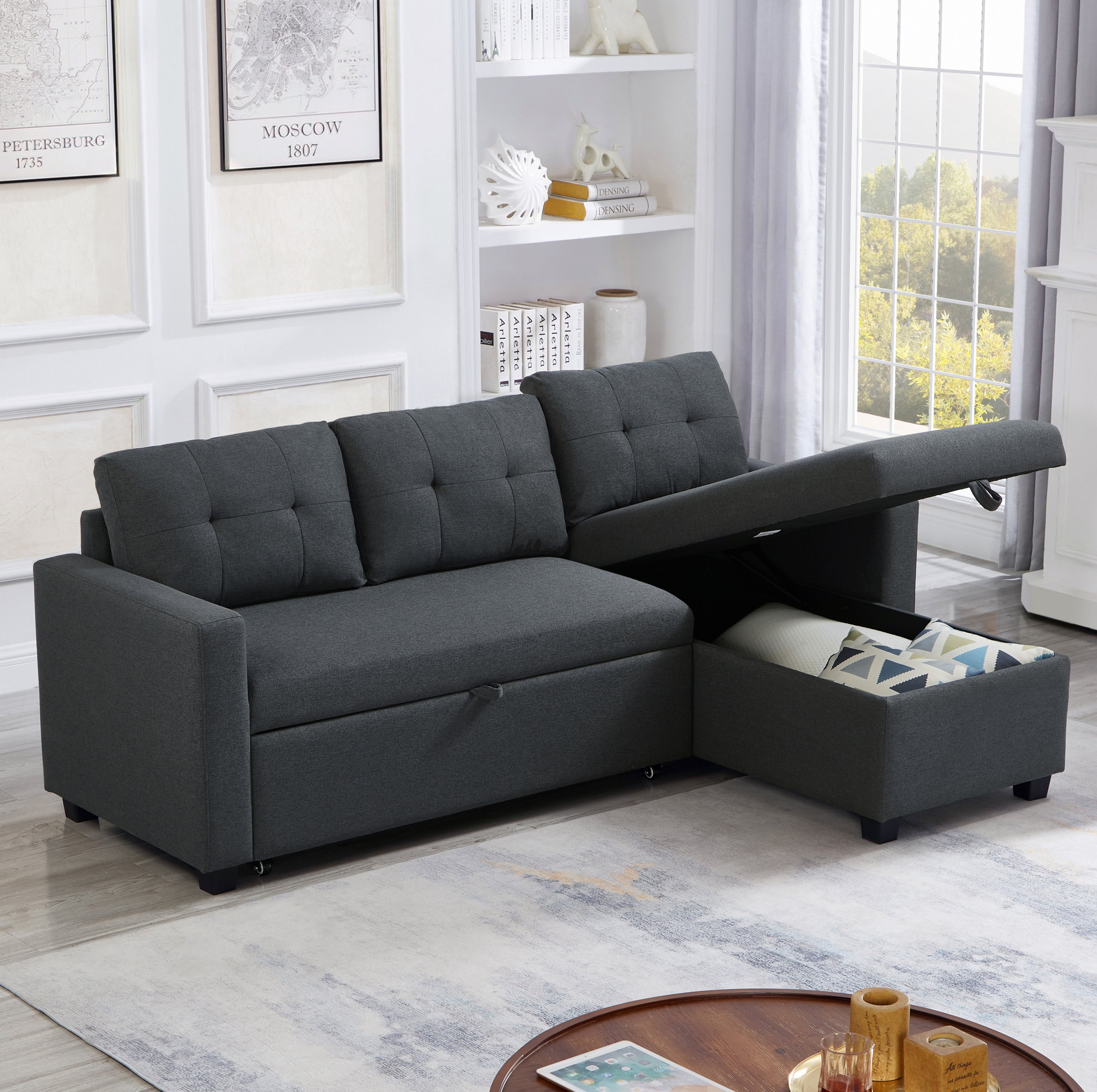 Upholstered Pull Out Sectional Sofa with Storage Chaise, Convertible Corner Couch, Dark Grey