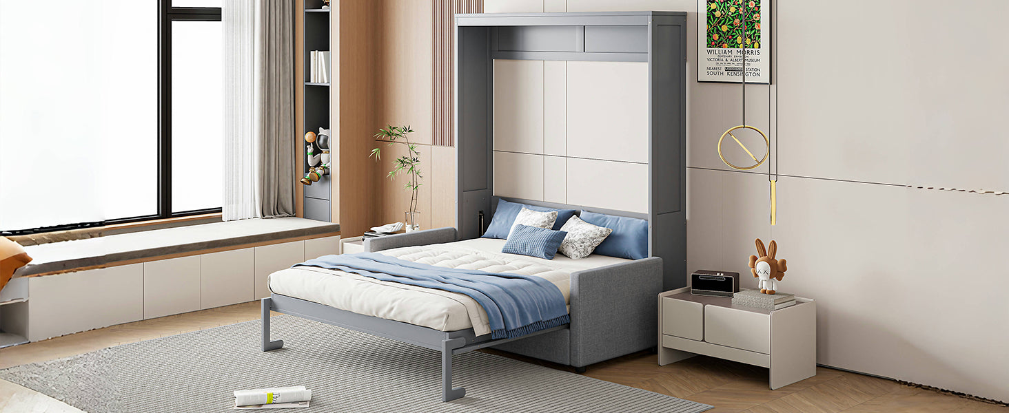 Full Size Murphy Bed Wall Bed with Cushion,Gray