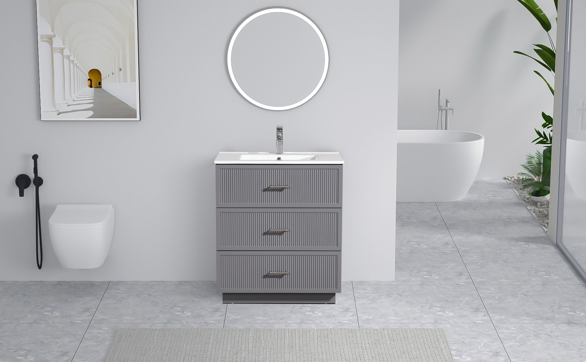 30 Inch Bathroom Vanity with Ceramic Sink  Combo Set, Modern Freestanding Bathroom Storage Cabinet with 2 Drawers, Floor Standing Bath Vanity, Gray