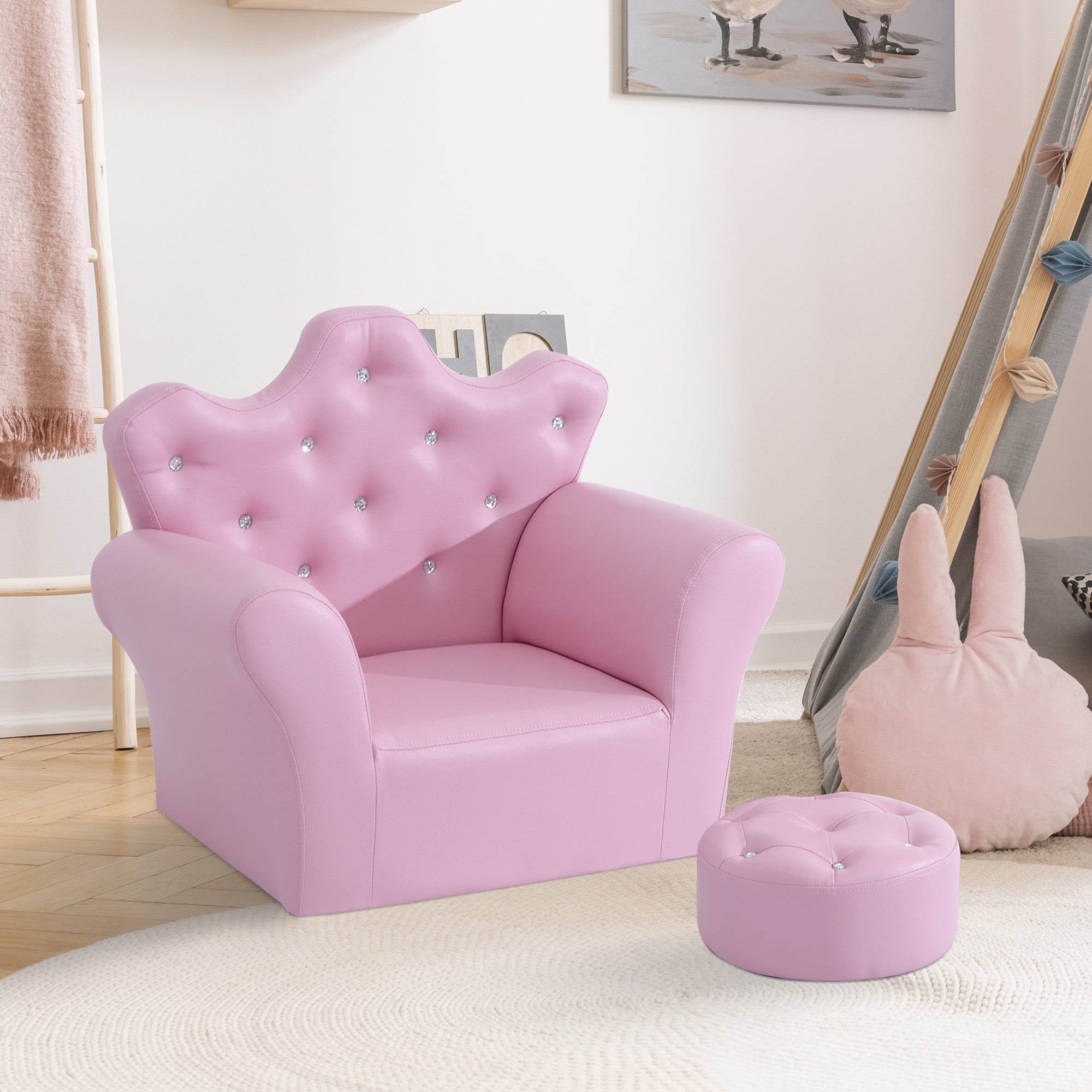 Kids Sofa Set, Children's Upholstered Sofa with Footstool, Princess Sofa with Diamond Decorations, Baby Sofa Chair for Toddlers, Girls, Pink