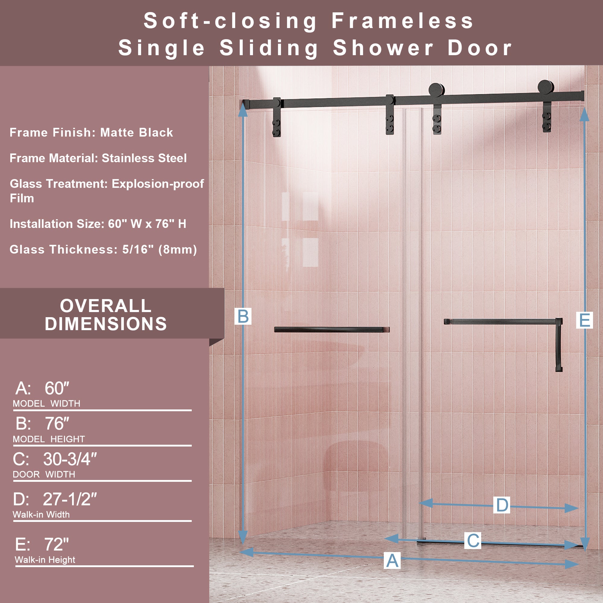 60" W x 76" H Frameless Soft-closing Shower Door, Single Sliding Shower Door, 5/16" (8mm) Clear Tempered Glass with Explosion-Proof Film, Stainless Steel Hardware, Matte Black 24D211-60MB-COMBO-1