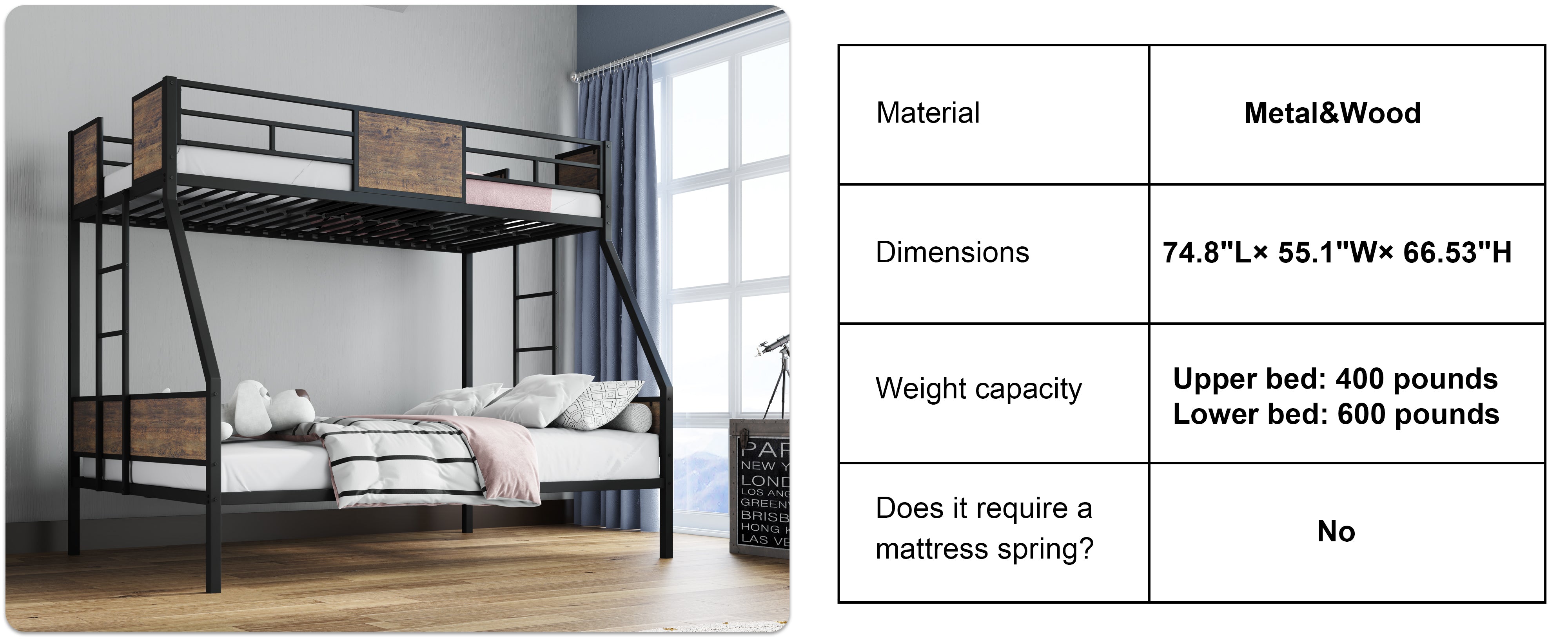 Twin over full bunk bed, protective board supports underside view