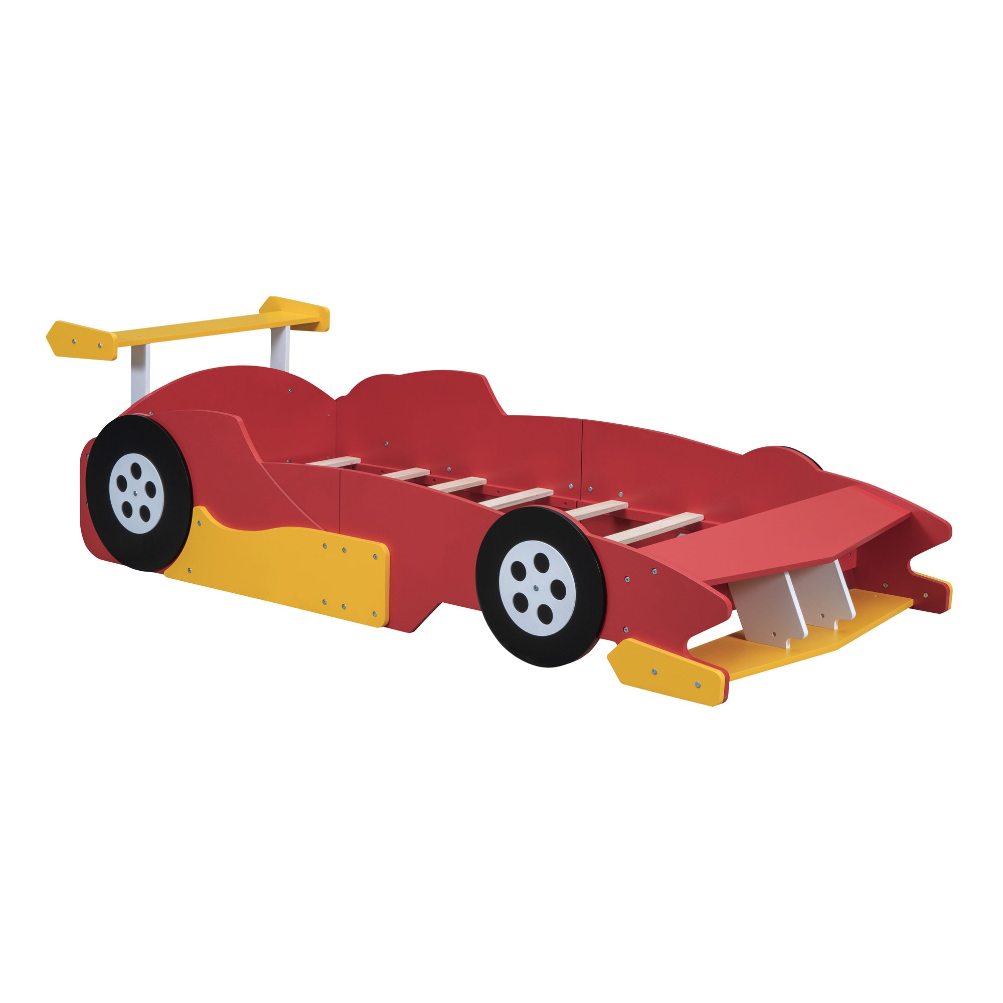 Twin Size Race Car-Shaped Platform Bed with Wheels,Red