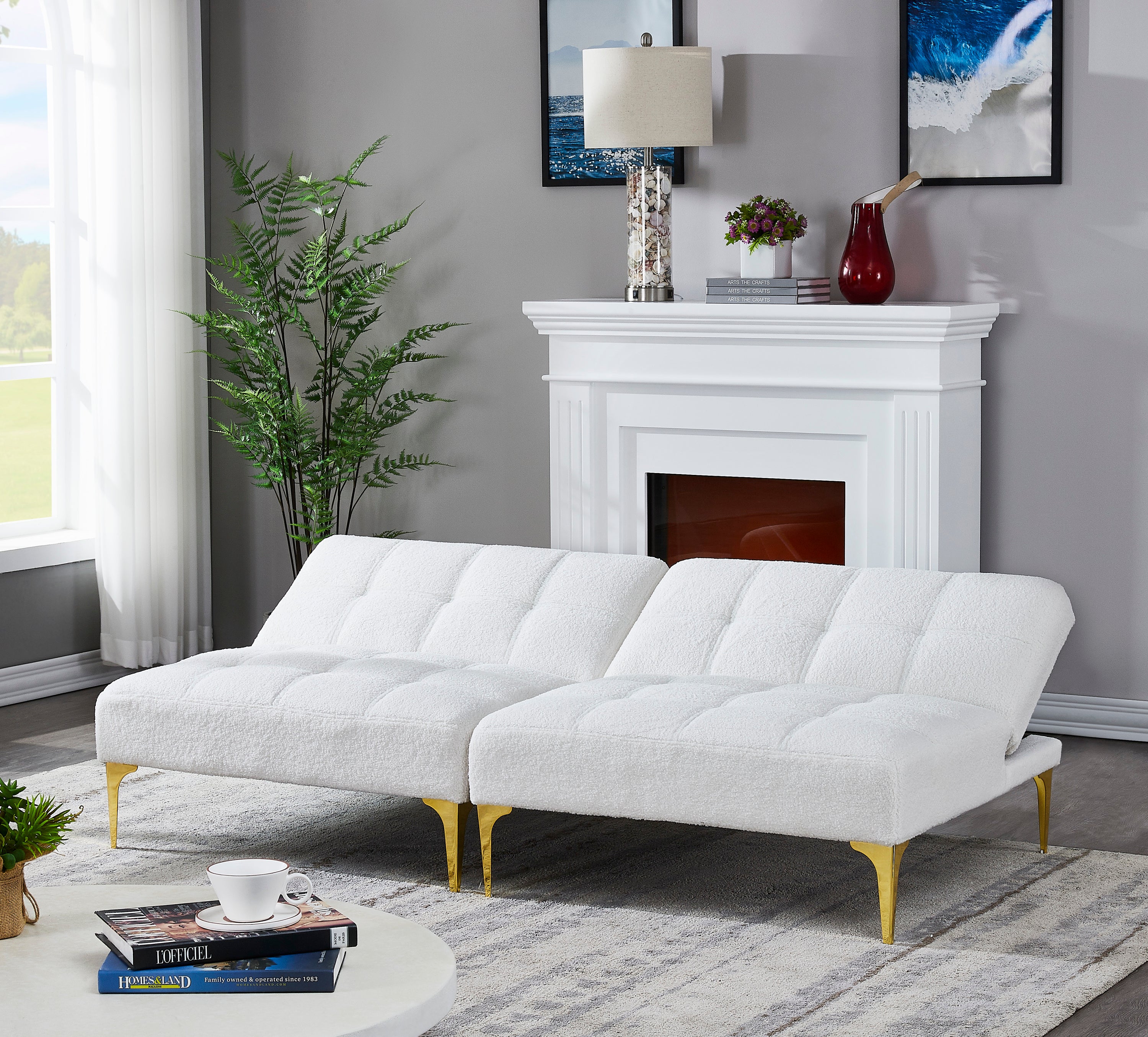 Convertible sofa bed futon with gold metal legs teddy fabric (White)