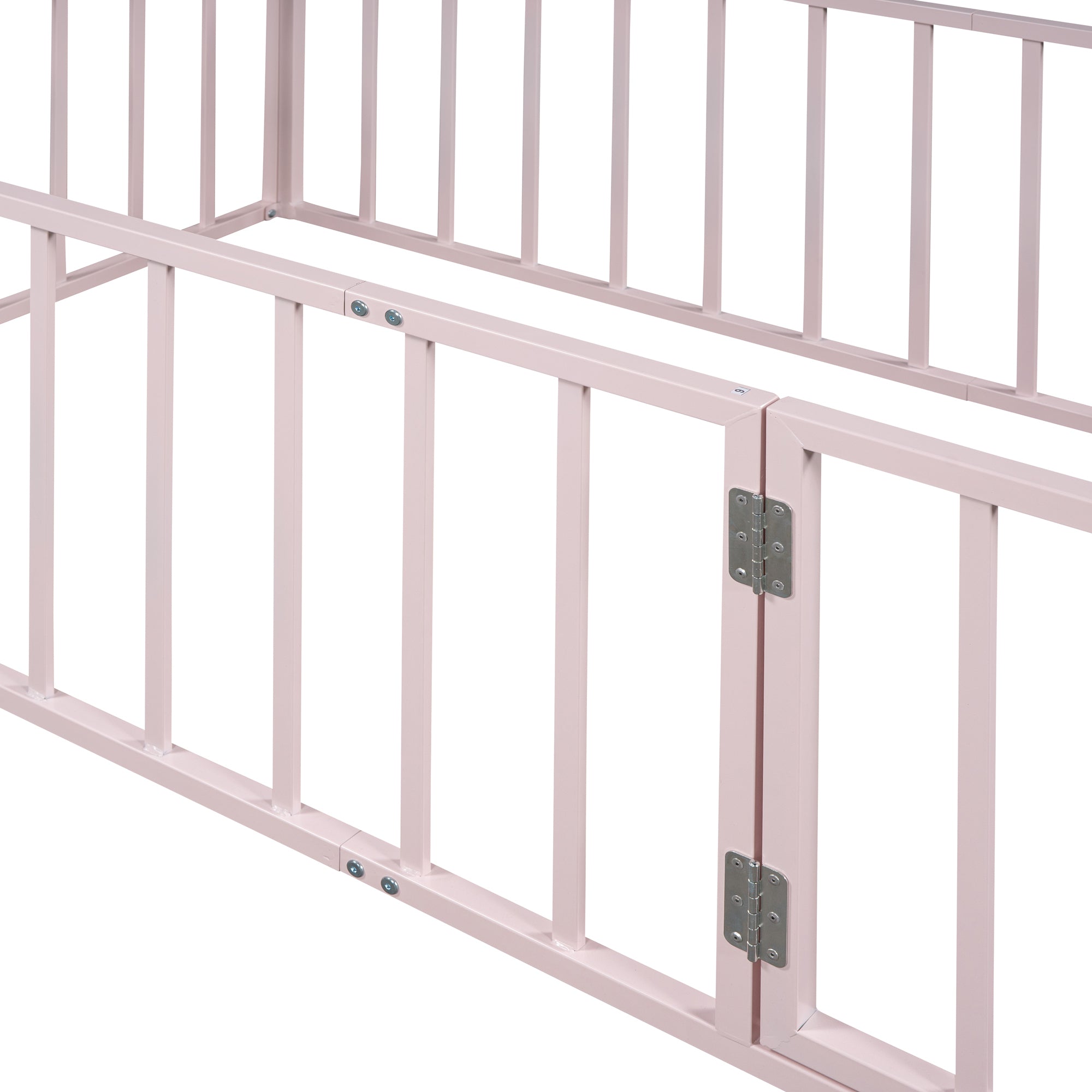 Twin Size Metal Floor Bed Frame with Fence and Door, Pink