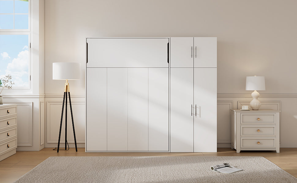 Full Size Murphy Bed with Lockers and Wardrobes, White