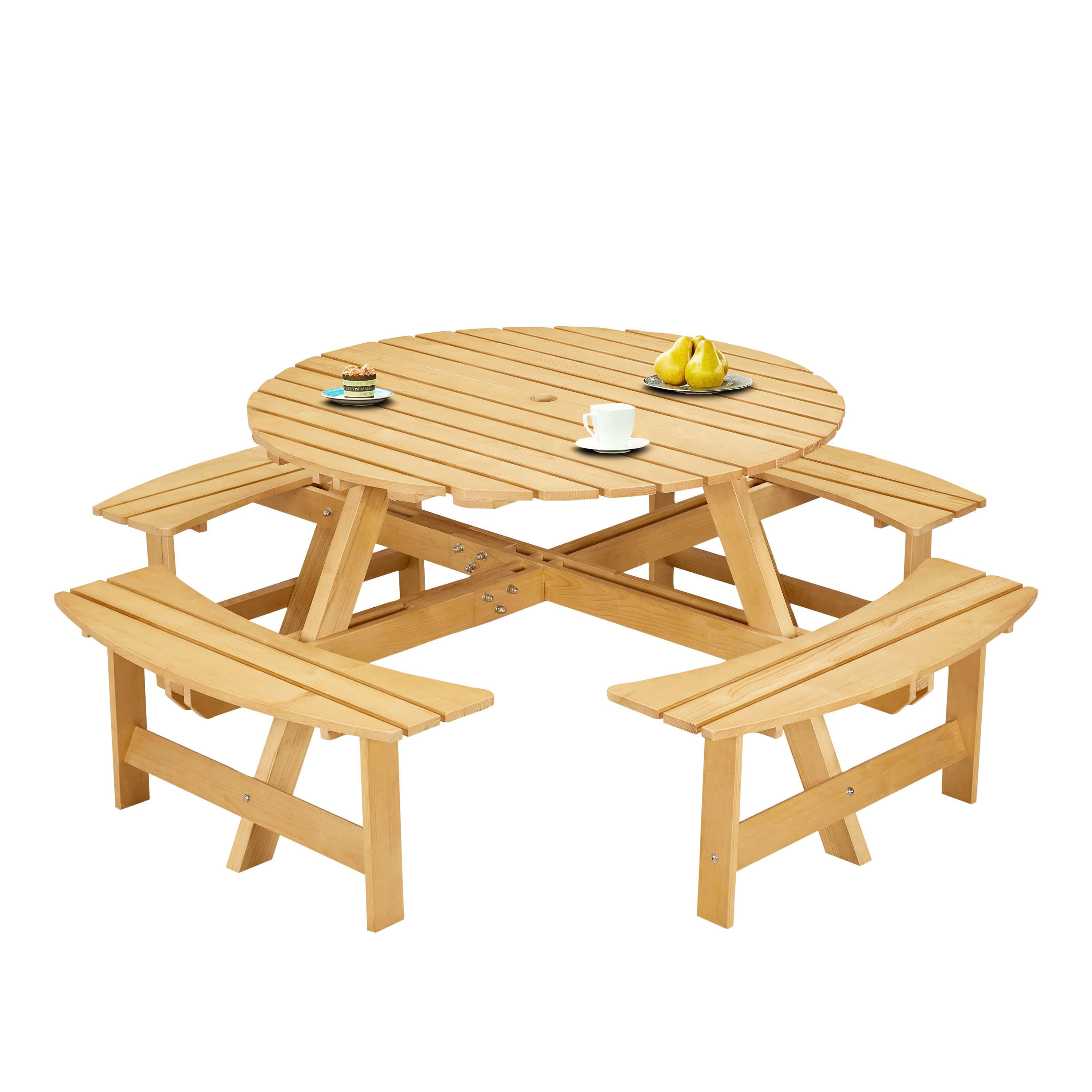 Outdoor 8 Person Picnic Table, 8 person Round Picnic Table with 4 Built-in Benches, Umbrella Hole, Outside Table and Bench Set for Garden, Backyard, Porch, Patio,  Natural