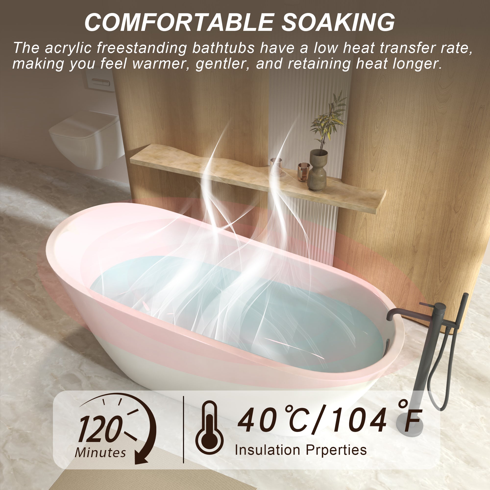 Gloss white slipper bathtub with chrome pop-up drain, angled view