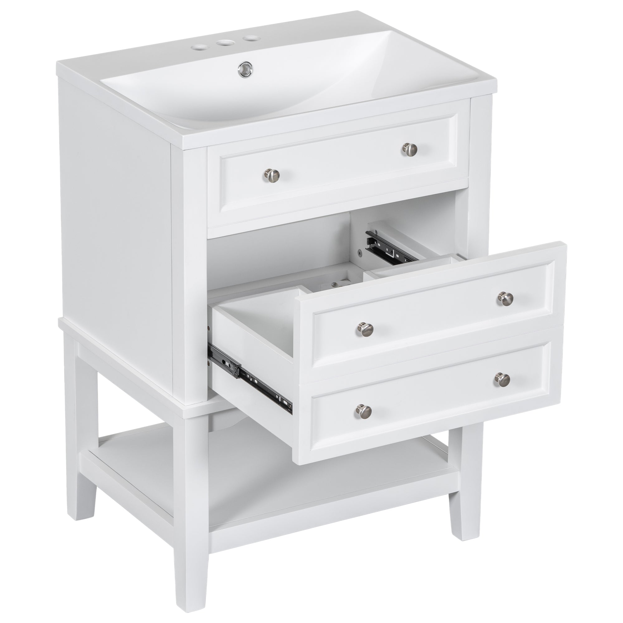 24" Bathroom Vanity With Sink, Bathroom Storage Cabinet with Drawer and Open Shelf, Solid Wood Frame, White