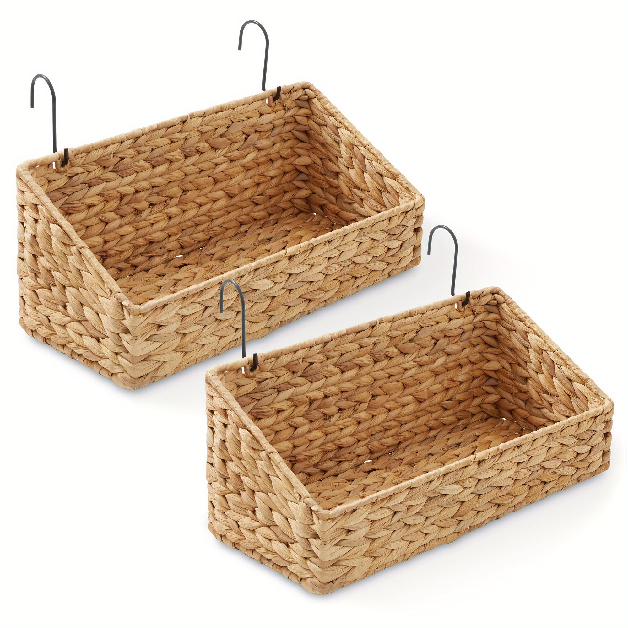 2 Pcs Hanging Baskets with Hooks, Woven Wicker Hyacinth Wall Mount Storage Bins