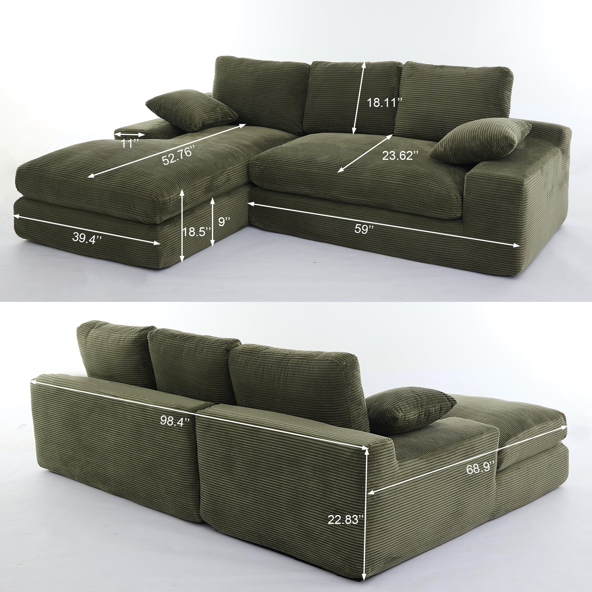 99*69" Modular Sectional Living Room Sofa Set, Modern Minimalist Style Couch, Upholstered Sleeper Sofa for Living Room, Bedroom, 2 PC Free Combination, Installation-free Sofa, L-Shape, Army Green