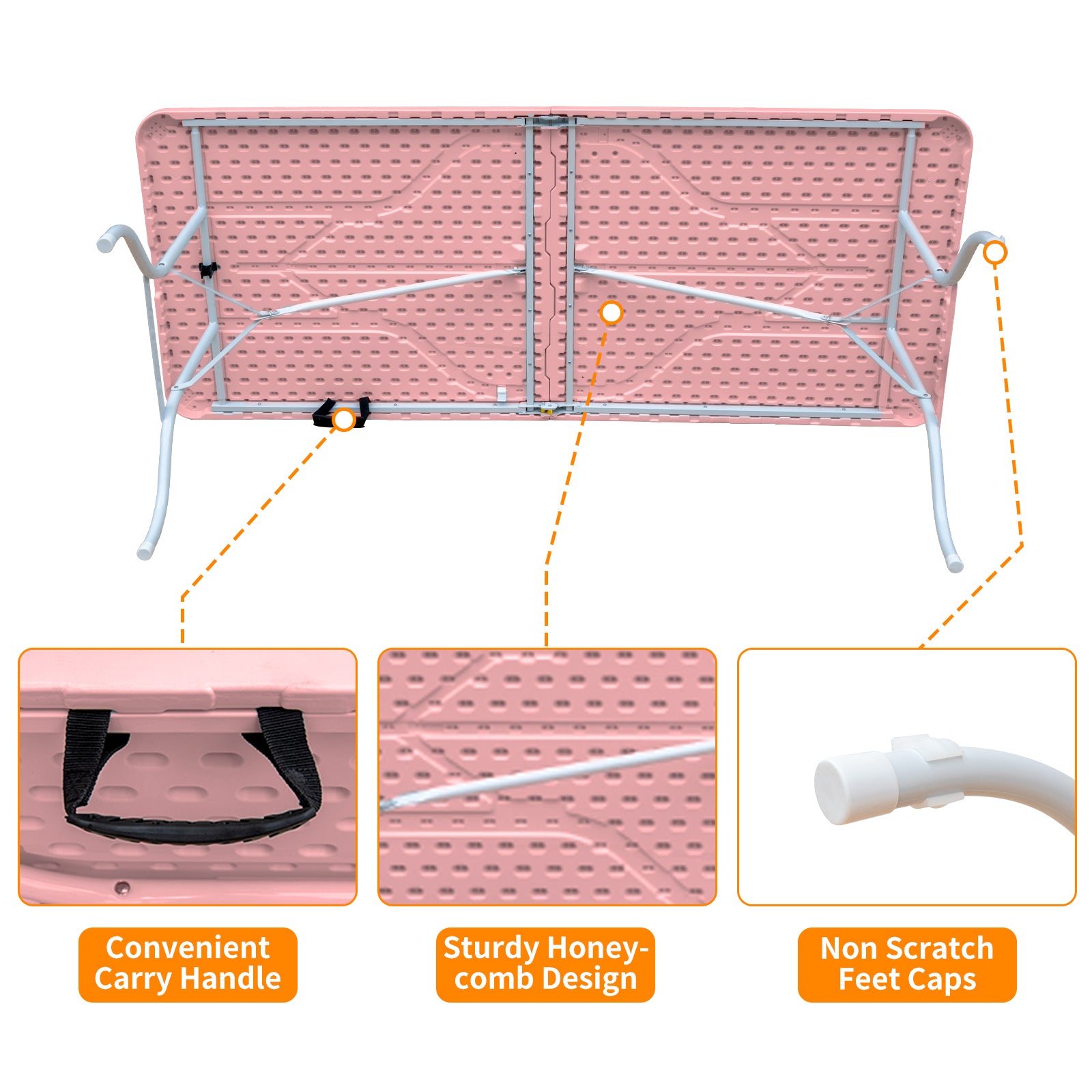 6ft Pink Folding Table, Portable Plastic Table for Camping, Picnics, Parties, High Load Bearing Foldable Table