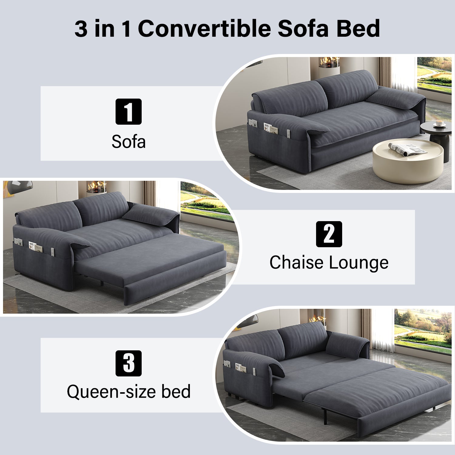 63.8" Queen Pull Out Sofa Bed, 3-in-1 Convertible Sleeper Sofa with Side Storage,Multi-Functional Velvet Loveseat Bed for Living Room,Bedroom,Apartment,Office,Grey(Old Sku:W1885122052/W1885P154639
)