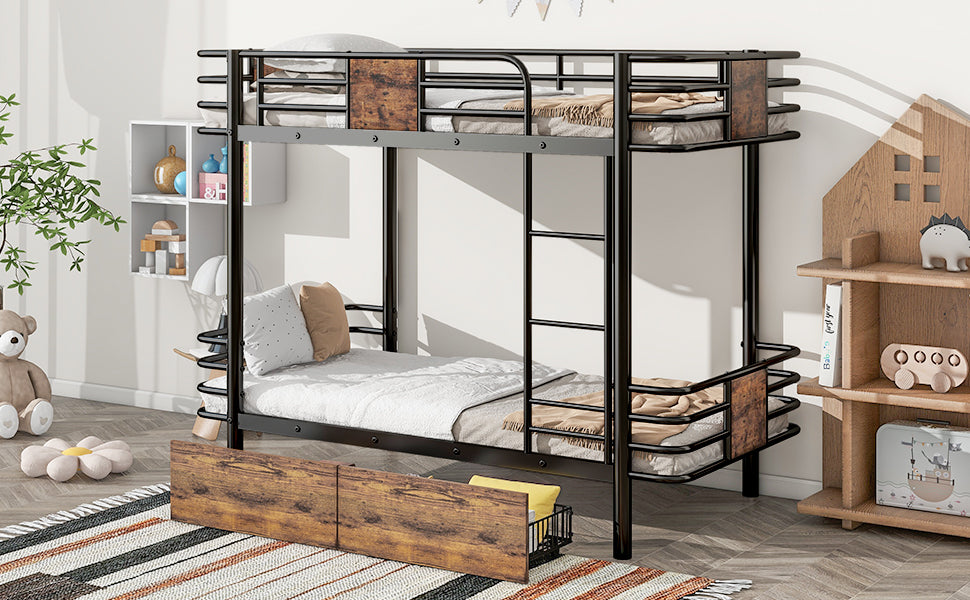 Twin XL over Twin XL Metal Bunk Bed with MDF Board Guardrail and Two Storage Drawers,Black