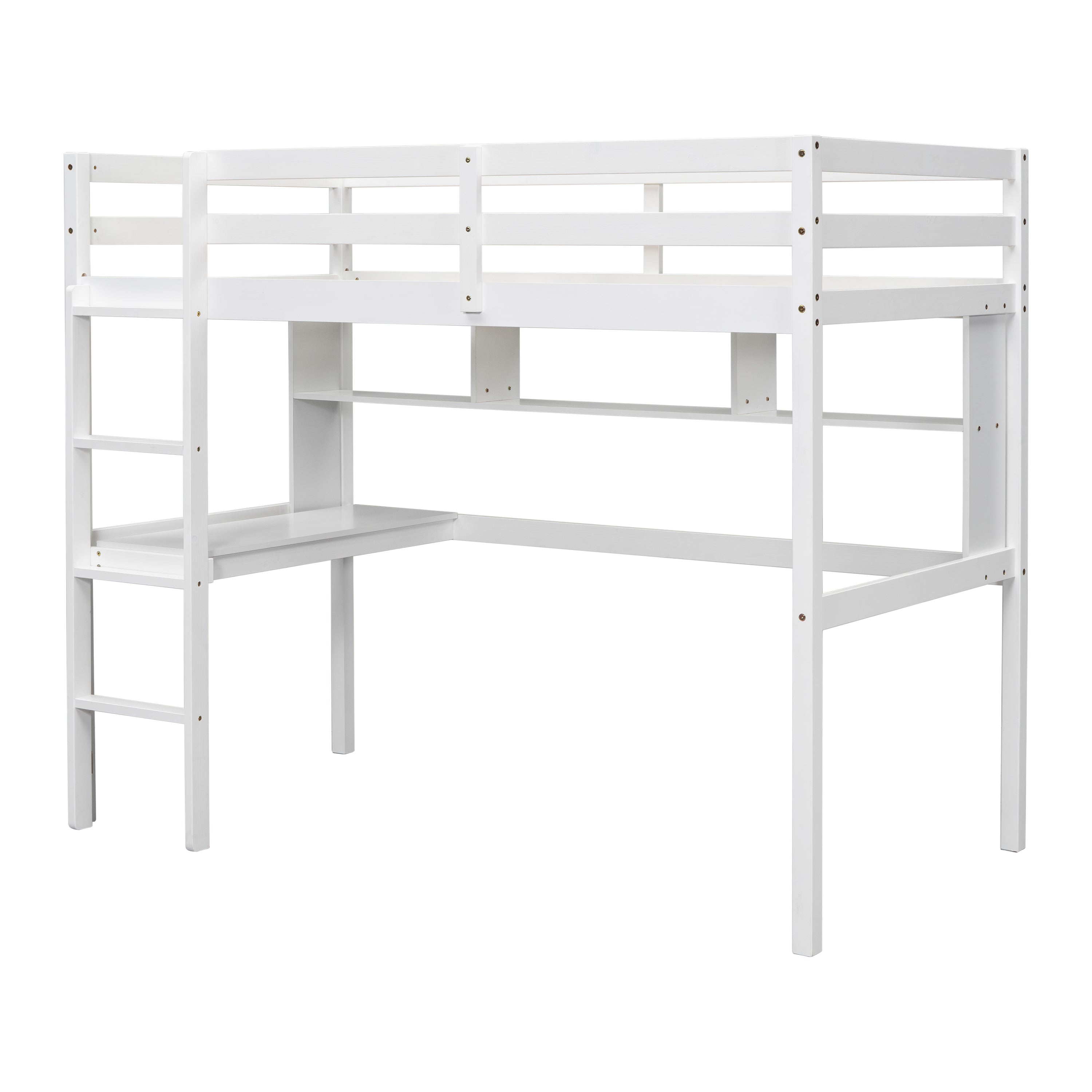 Twin Size Loft Bed with desk and shelves, Safety Guardrail and ladder,White