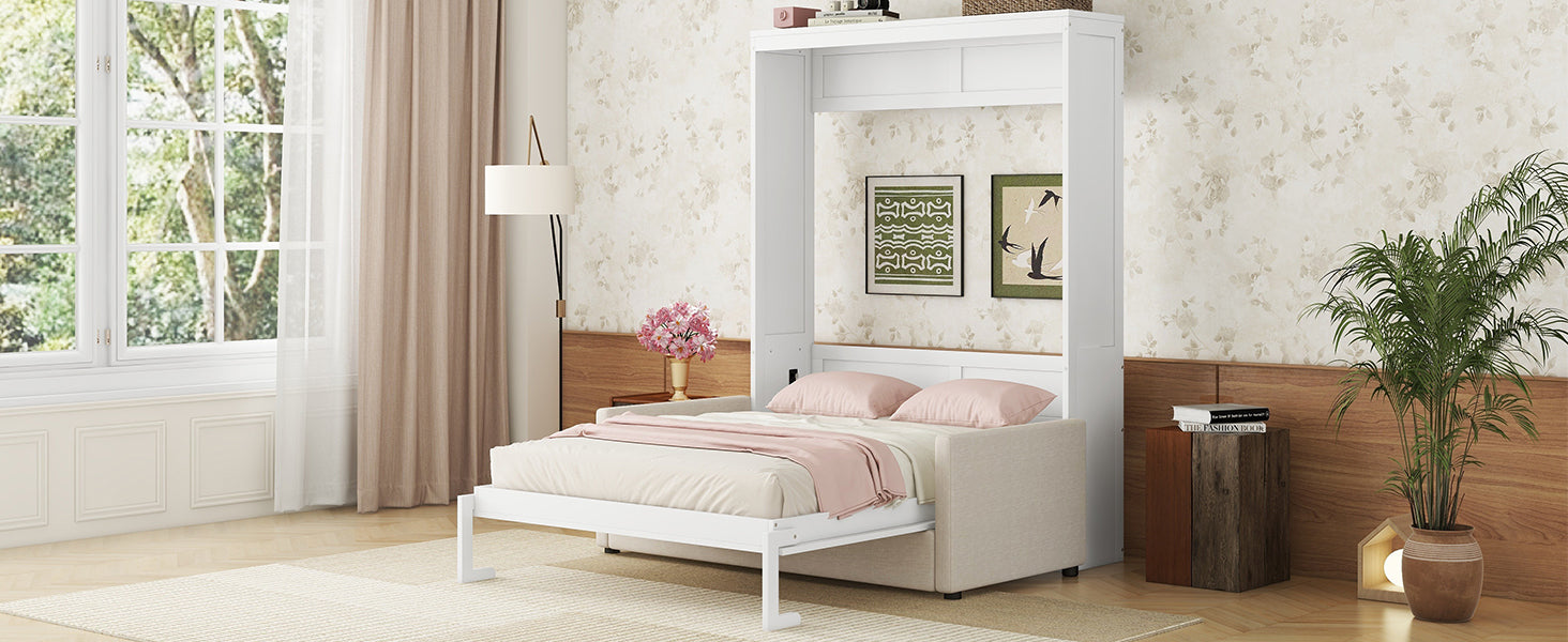 Queen Size Murphy Bed Wall Bed with Cushion, White