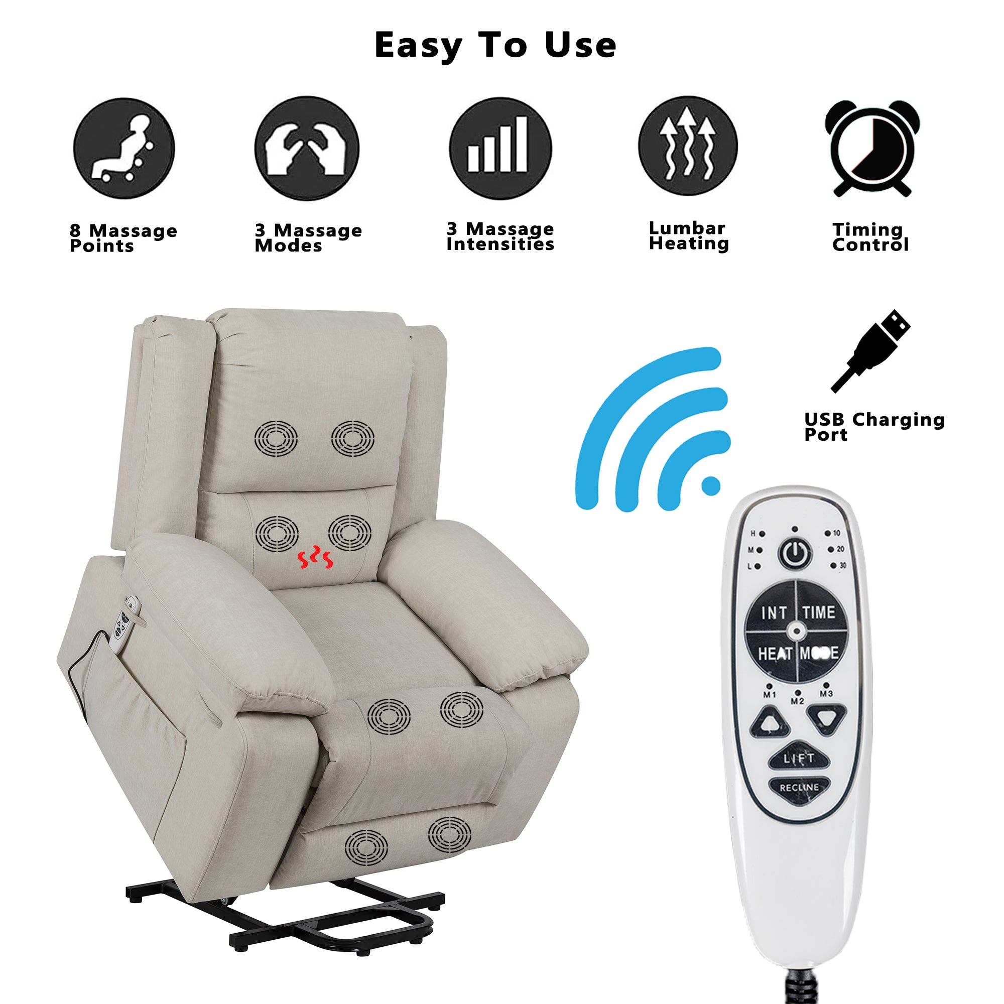 Electric Power Recliner Chair With Massage For Elderly ,Remote Control Multi-function Lifting, Timing, Cushion Heating Chair With Side Pocket Beige